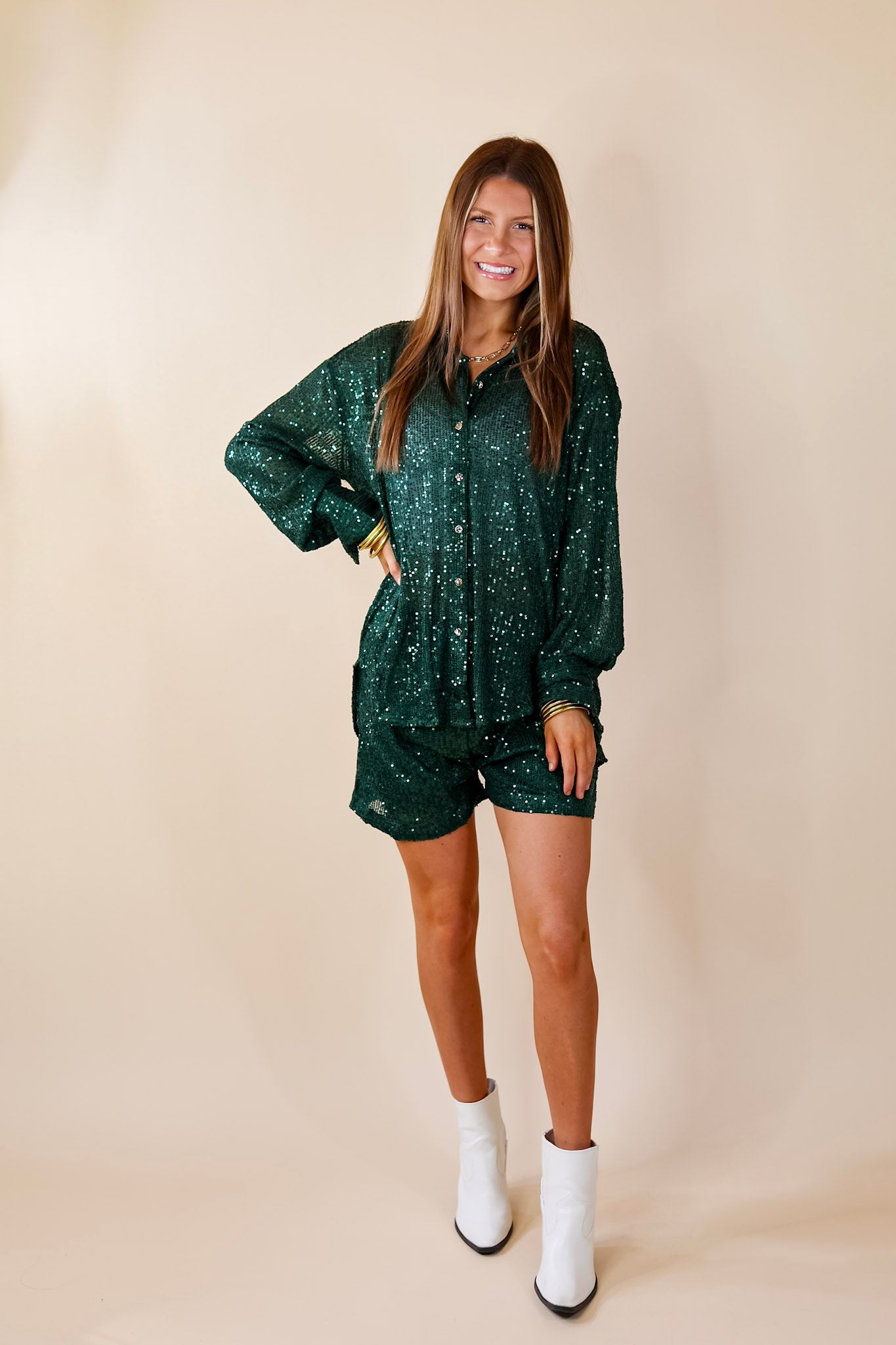 Little Miss Perfect Sequin Button Up Top in Green - Giddy Up Glamour Boutique
