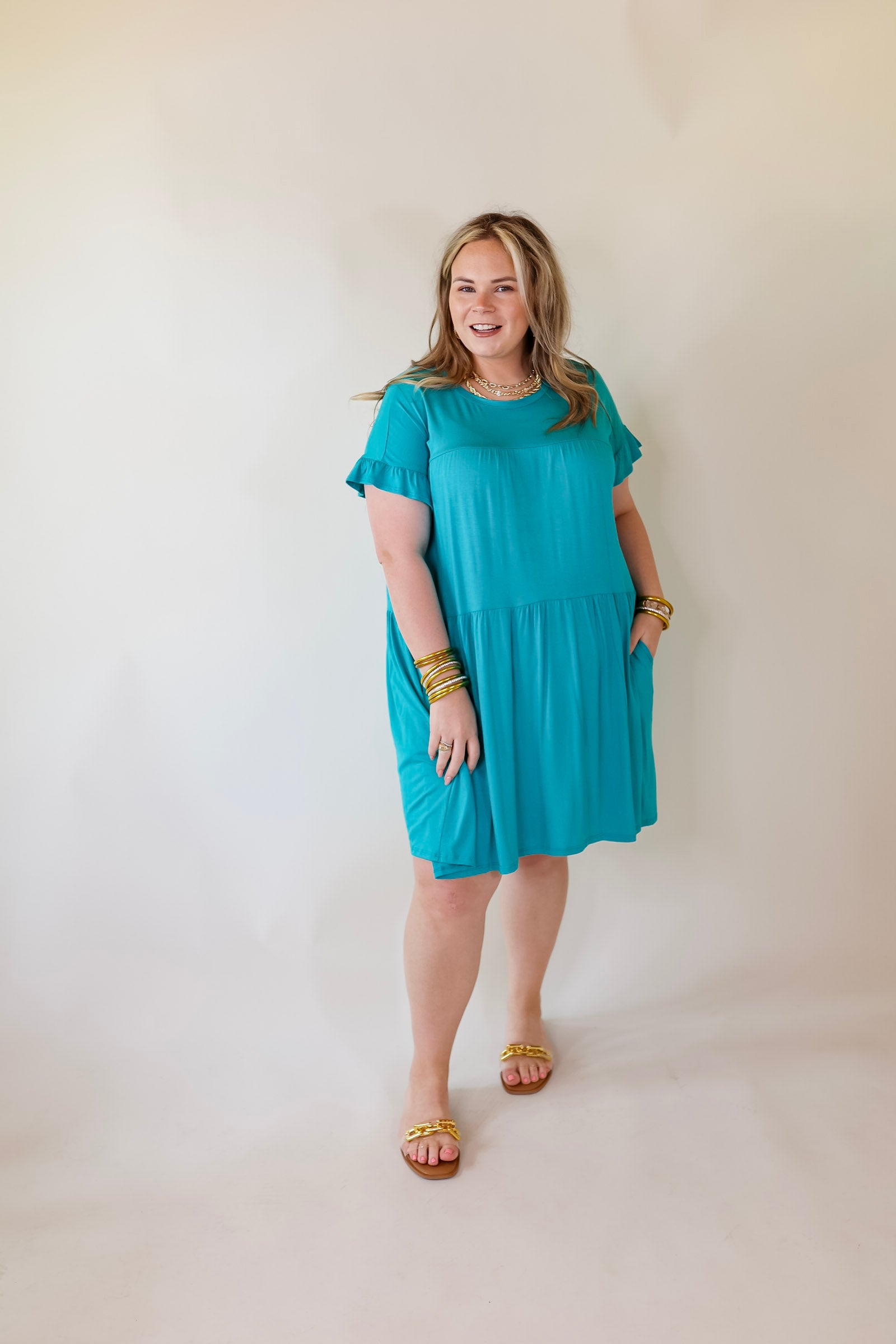 Gorgeous Girly Ruffle Sleeve Tiered Dress in Teal - Giddy Up Glamour Boutique
