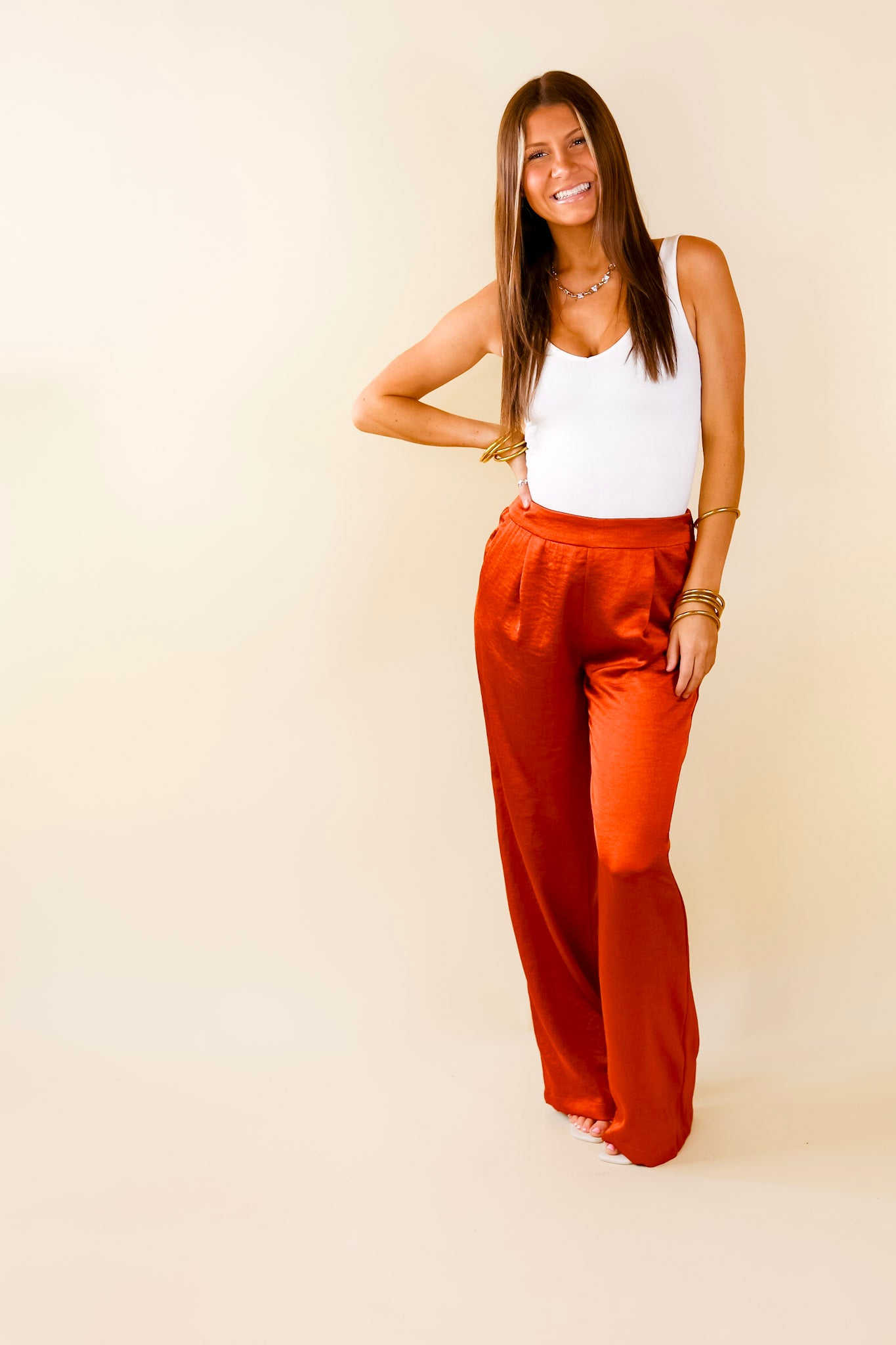 My Everything Satin Pants in Rust Orange - Giddy Up Glamour Boutique