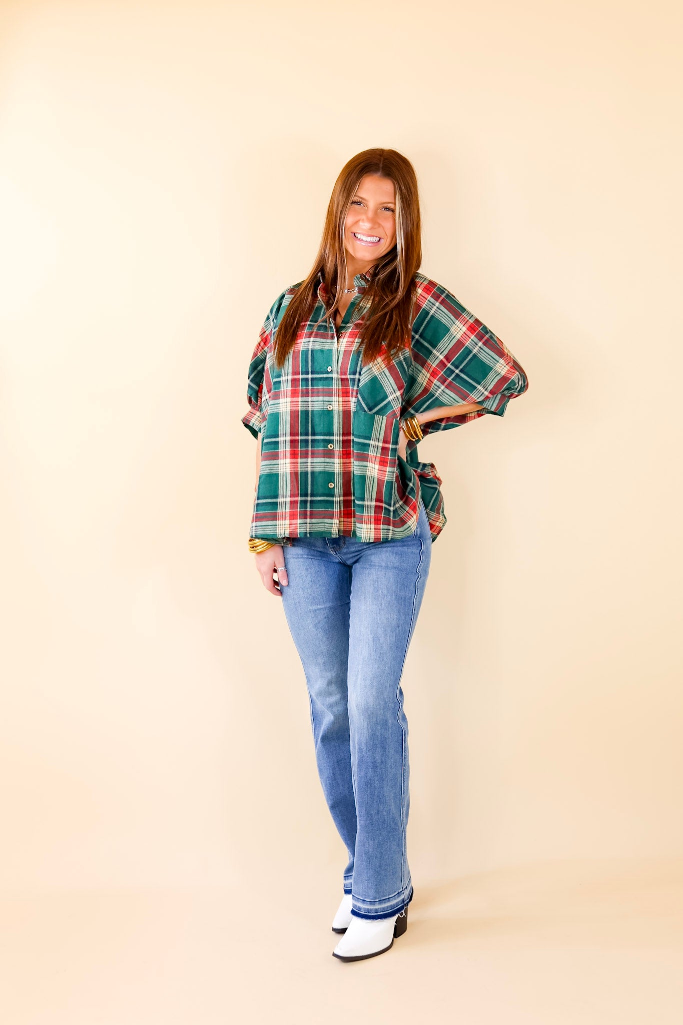 Suburban Lifestyle Plaid Poncho Top in Green - Giddy Up Glamour Boutique