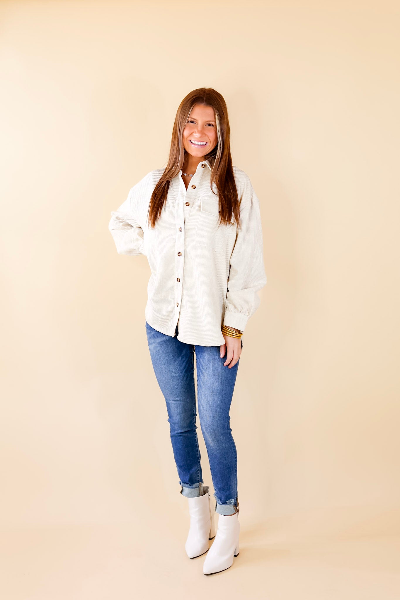 All Dolled Up Button Up Corduroy Shacket in Ivory - Giddy Up Glamour Boutique