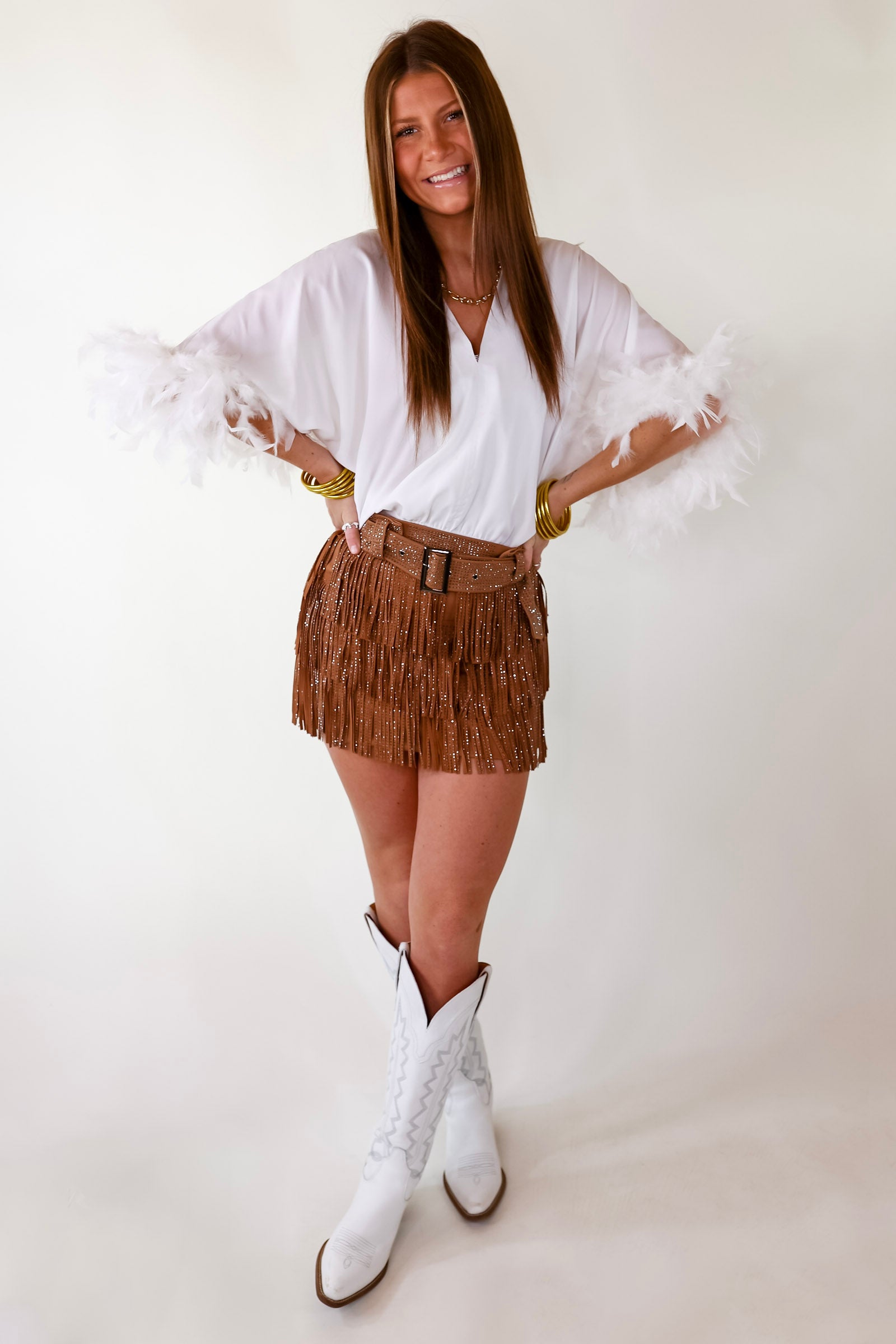 Party Plans V Neck Bodysuit with Feather Sleeves in White - Giddy Up Glamour Boutique