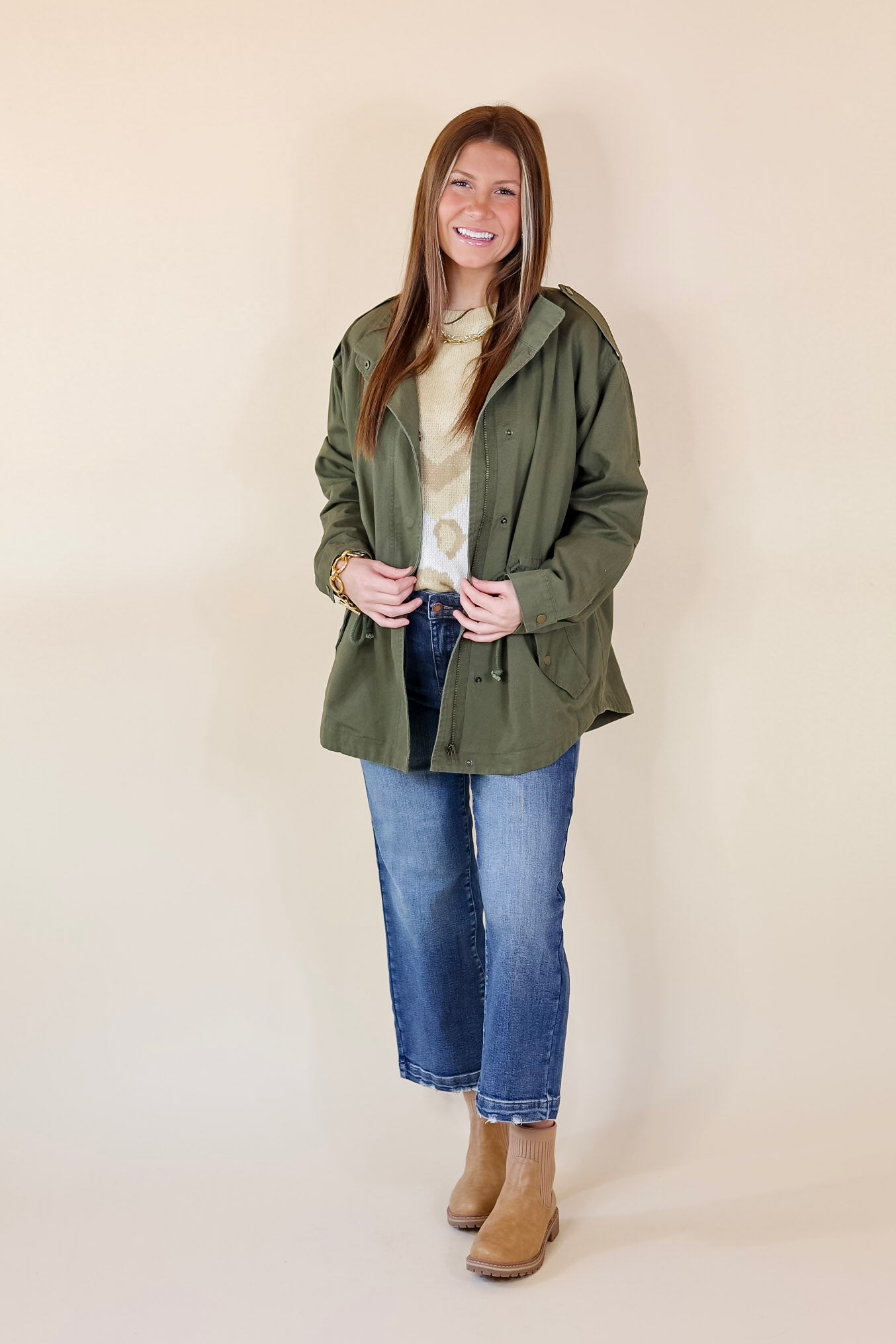 Anything is Possible Button and Zip Up Utility Jacket in Olive Green - Giddy Up Glamour Boutique