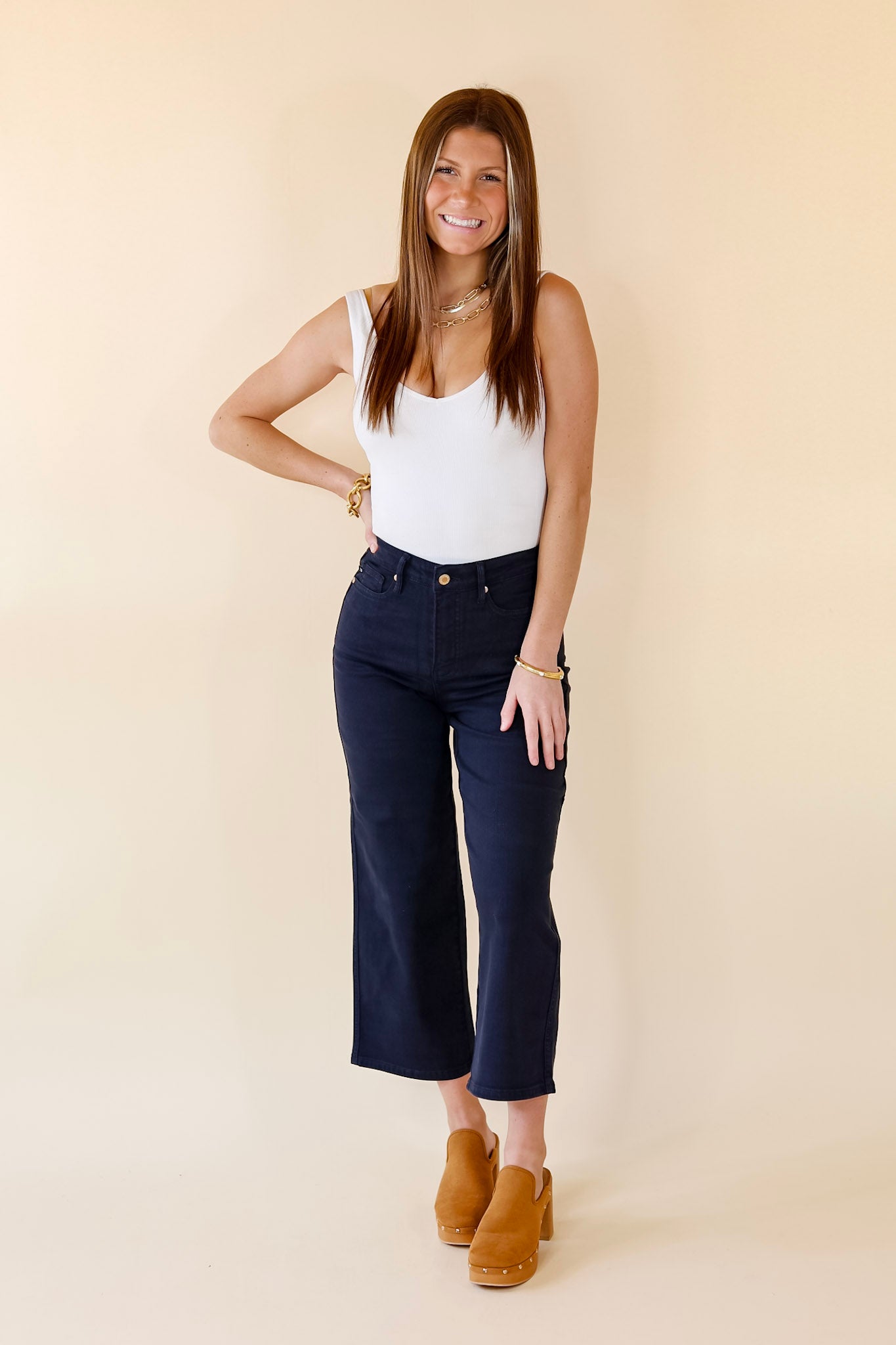 Judy Blue | Don't Break My Heart Tummy Control Cropped Jeans in Navy Blue - Giddy Up Glamour Boutique