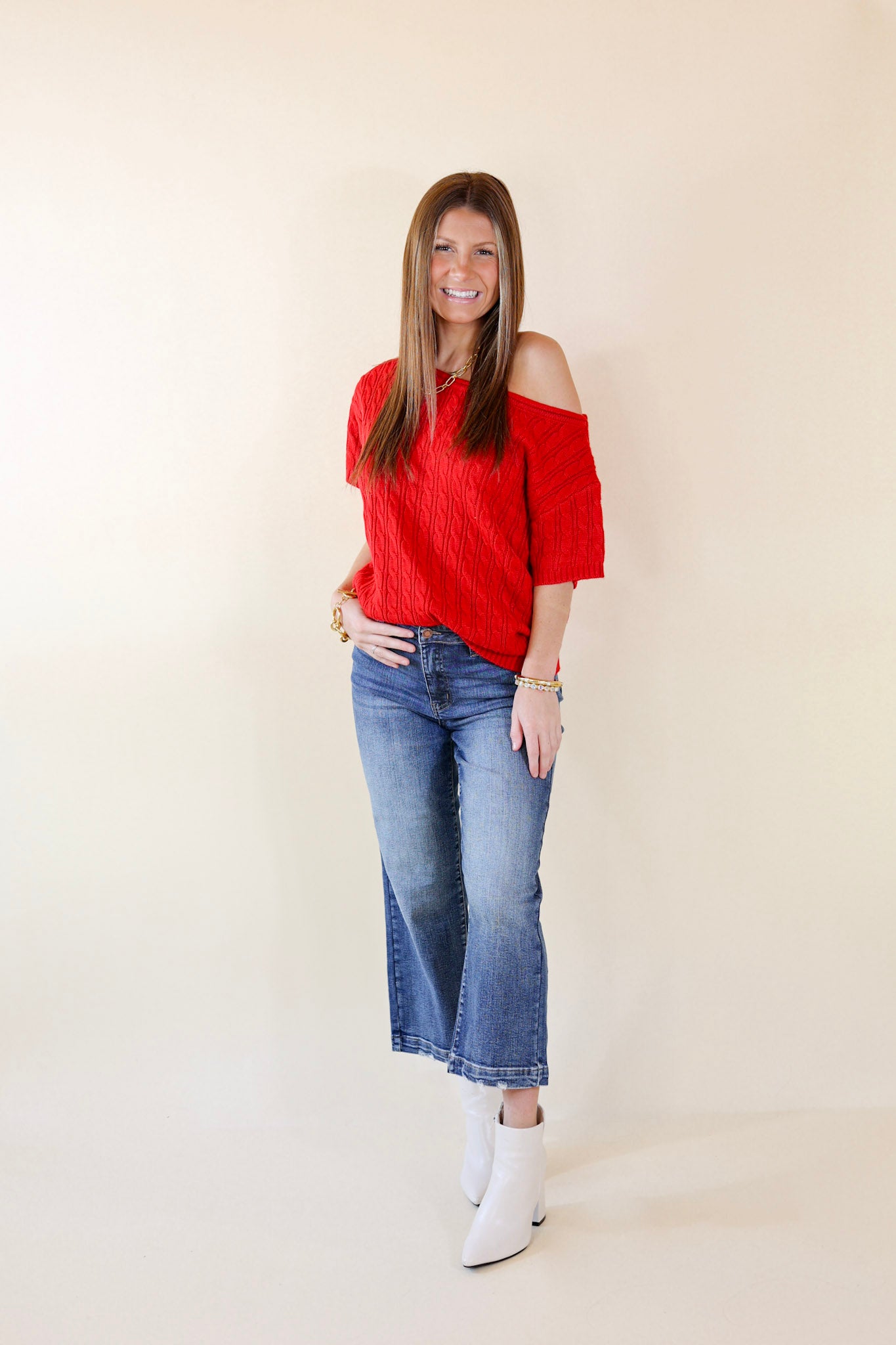 Day Date Short Sleeve Sweater with Scoop Neckline in Red - Giddy Up Glamour Boutique