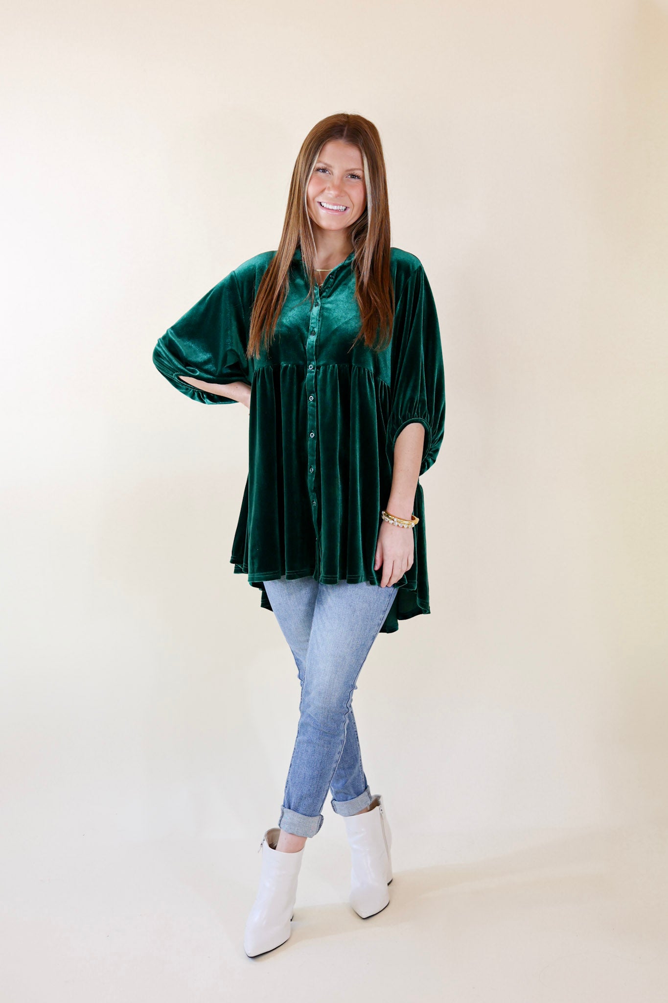 Love Link Button Up Velvet Half Sleeve Babydoll Tunic Top in Emerald Green - Giddy Up Glamour Boutique