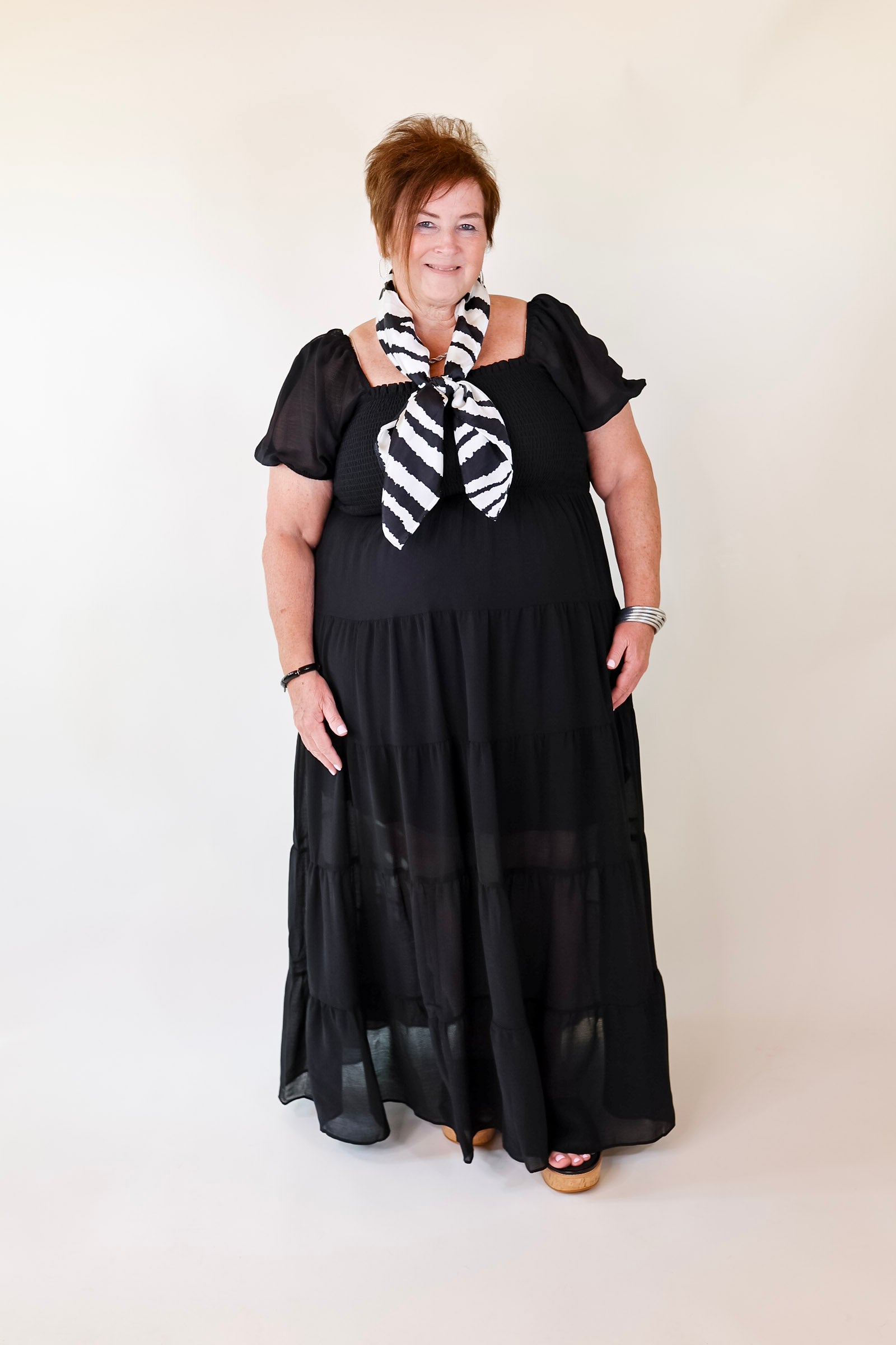 Honeysuckle Love Tiered Maxi Dress with Smocked Bodice in Black - Giddy Up Glamour Boutique