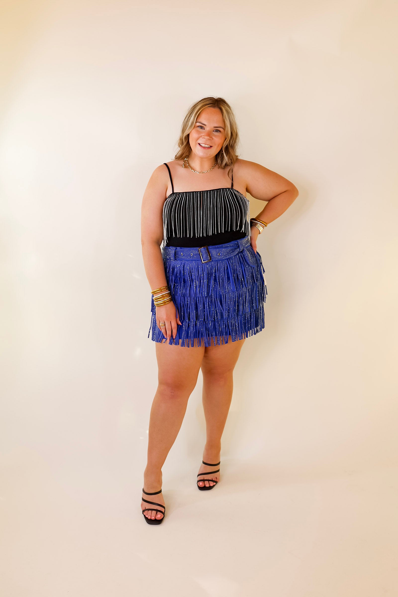 It Crowd Spaghetti Strap Top with Crystal Fringe in Black - Giddy Up Glamour Boutique