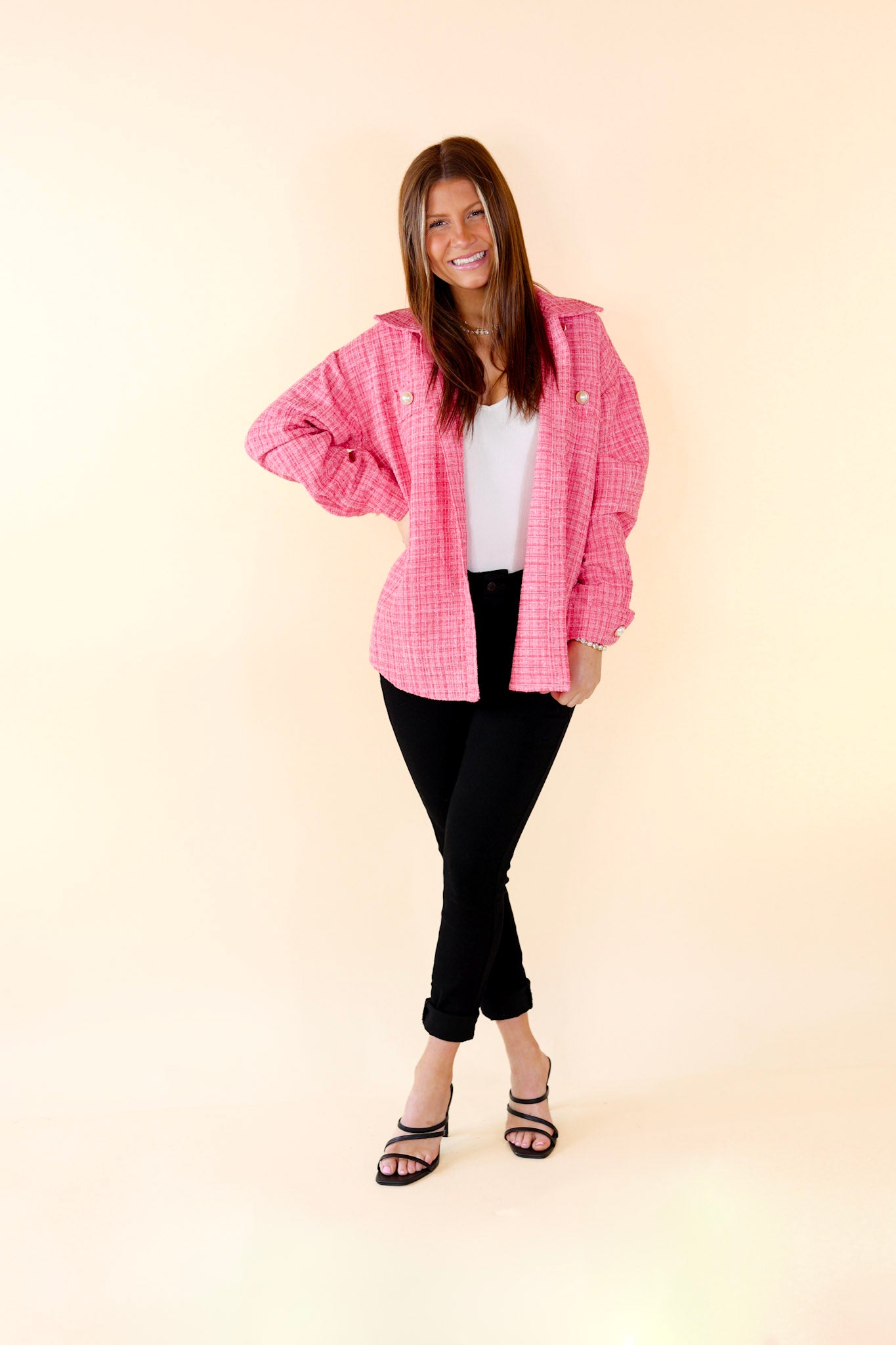 Brooklyn Buzz Pearl Button Up Tweed Shacket in Pink - Giddy Up Glamour Boutique