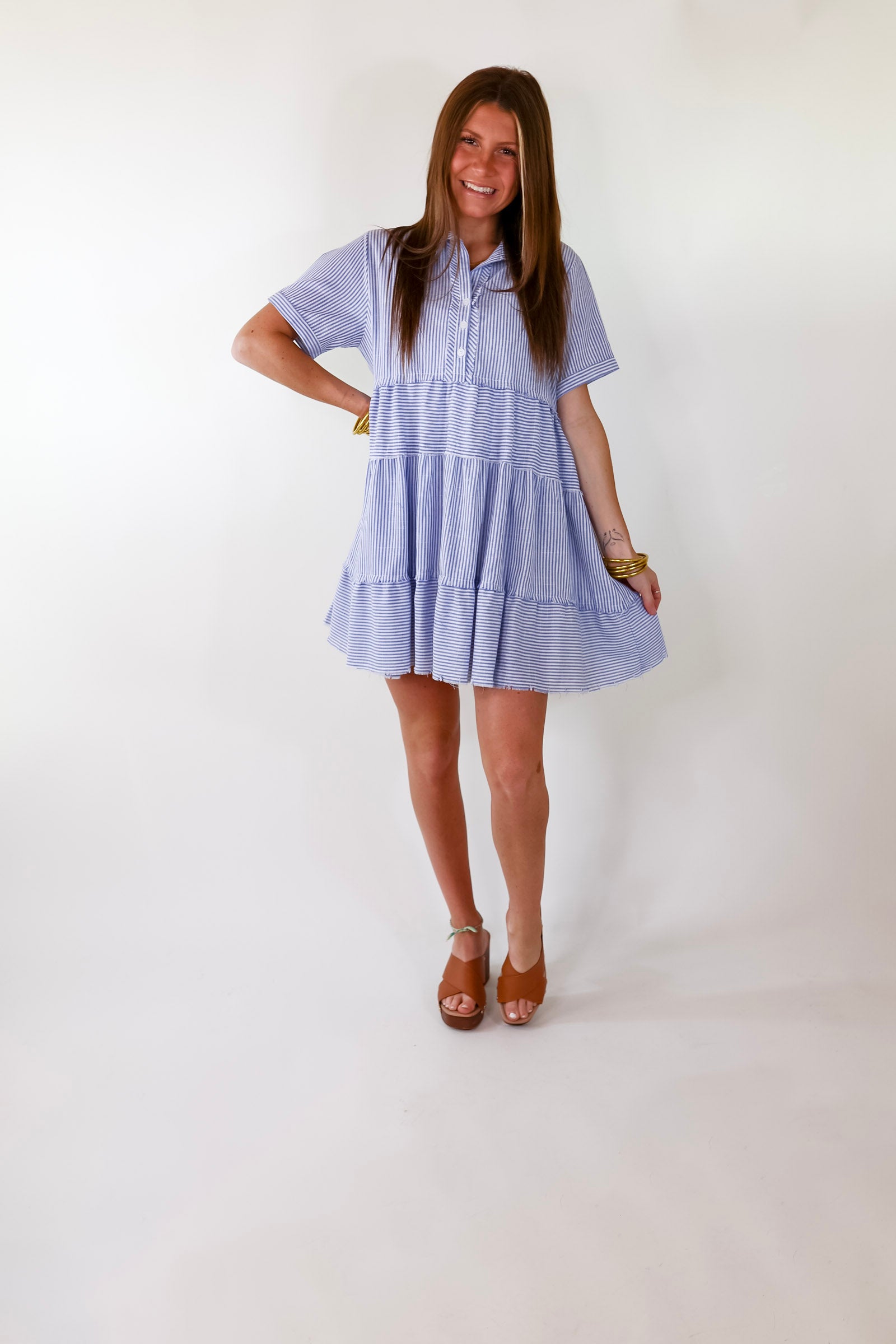 Casual Greetings Collared Pinstripe Dress in Blue and White - Giddy Up Glamour Boutique