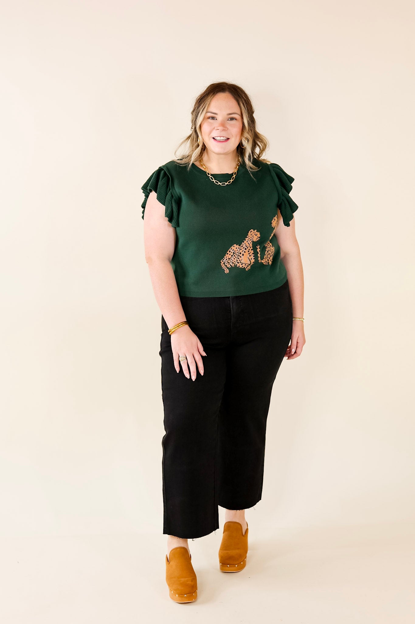 Upscale Charm Cheetah Print Sweater Top in Hunter Green - Giddy Up Glamour Boutique