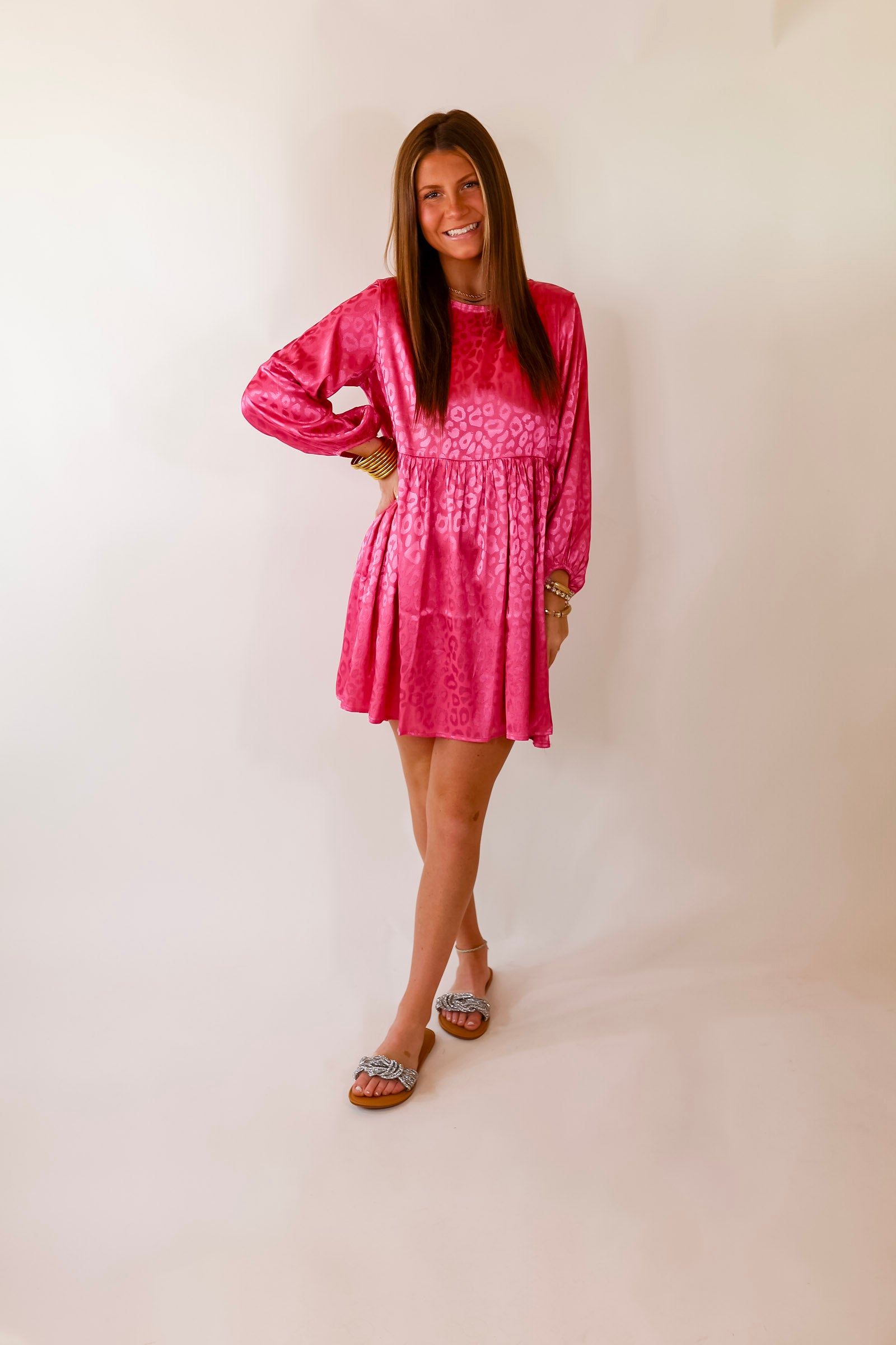 Change Is Coming Leopard Print Babydoll Dress with Long Sleeves in Hot Pink - Giddy Up Glamour Boutique