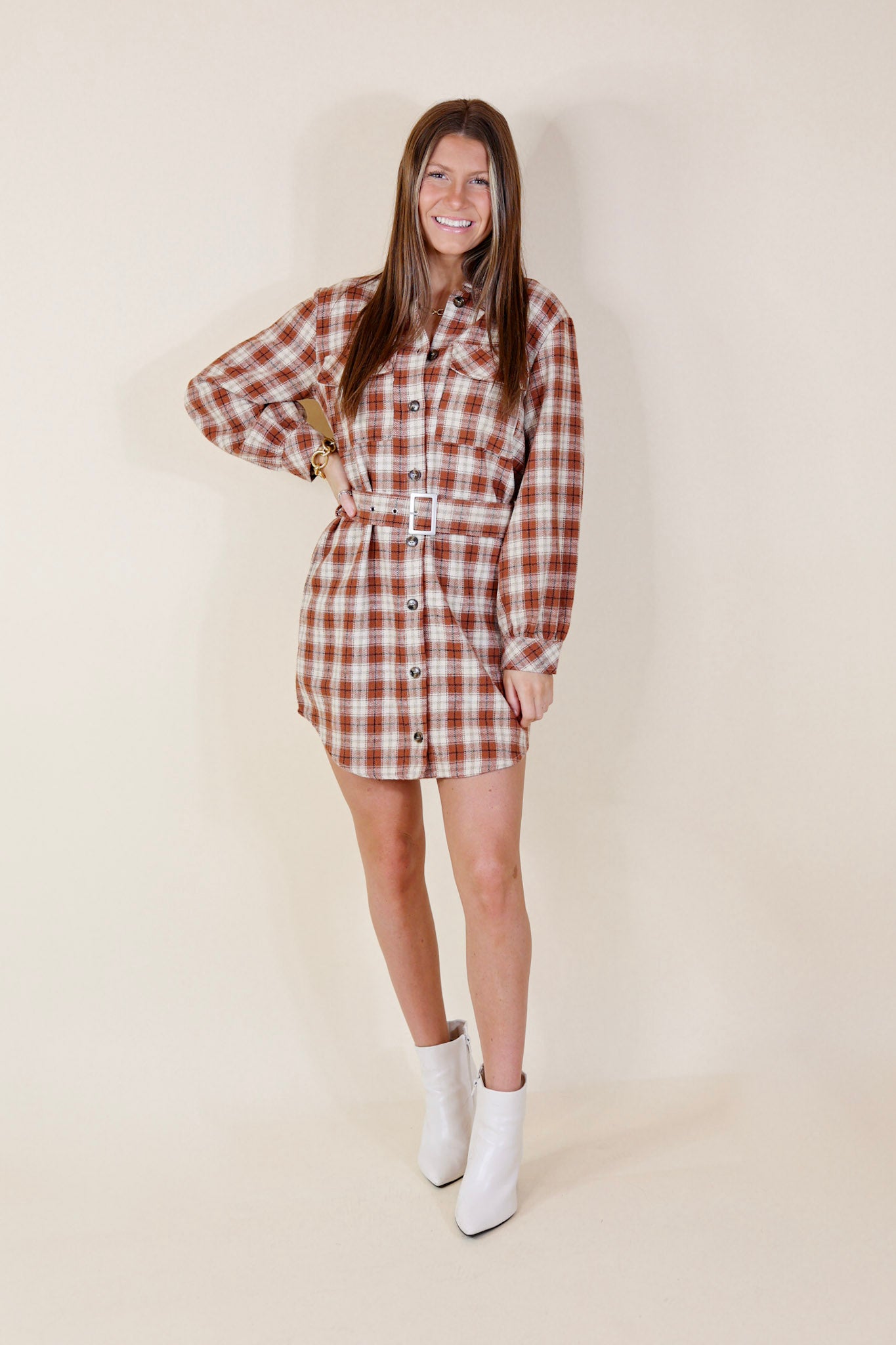 Pumpkin Spice Please Plaid Button Up Belted Dress with Long Sleeves in Rust Orange - Giddy Up Glamour Boutique