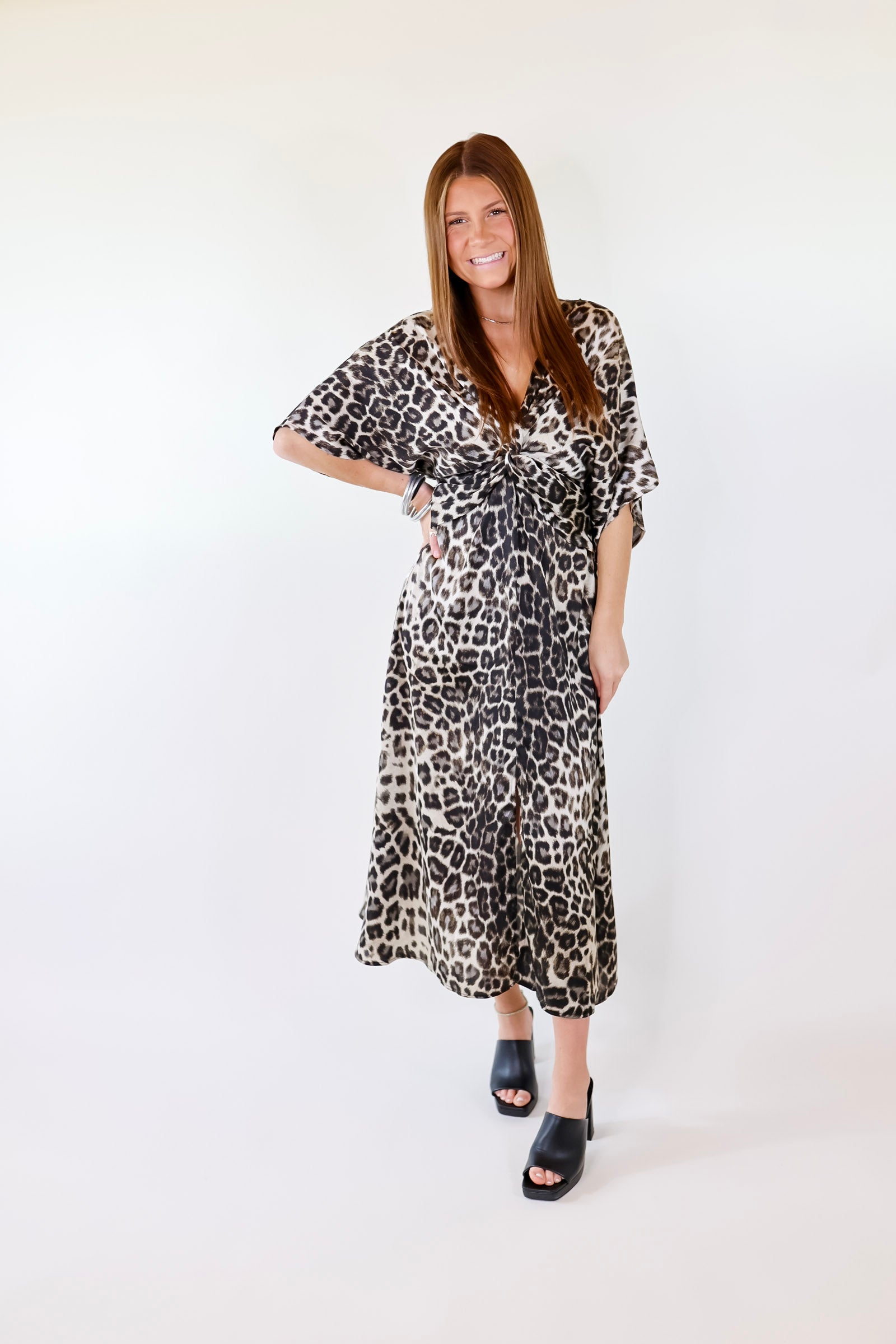 Take My Breath Away Front Knot Leopard Print Midi Dress in Grey - Giddy Up Glamour Boutique