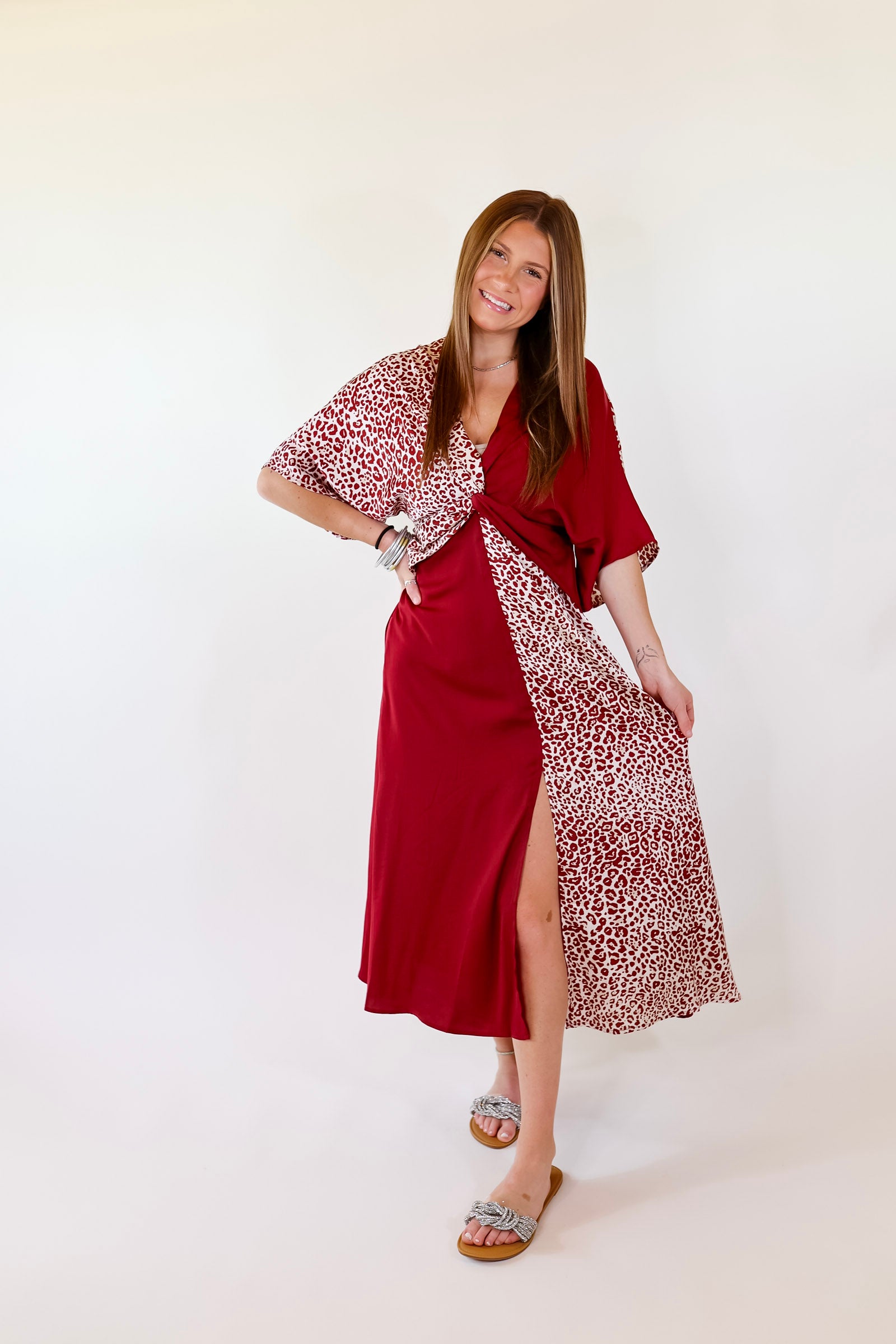 Take My Breath Away Front Knot Leopard Print Block Midi Dress in Maroon - Giddy Up Glamour Boutique