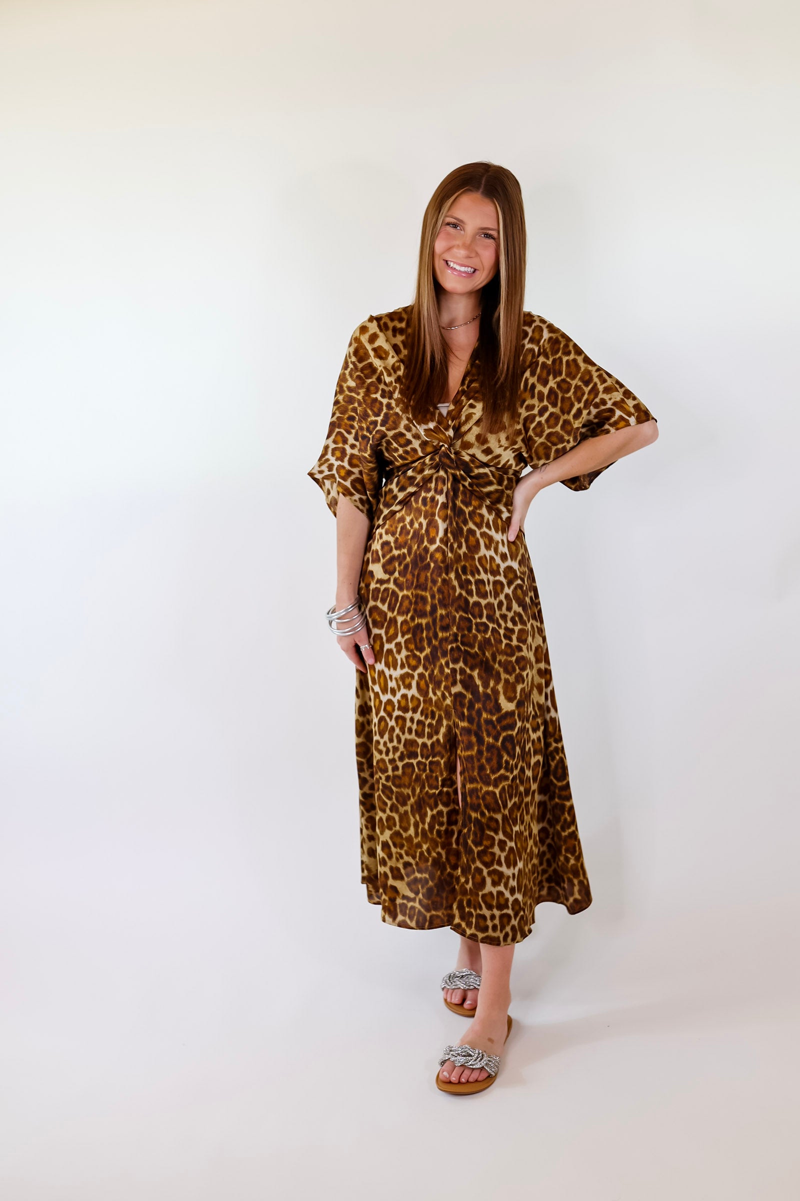 Take My Breath Away Front Knot Leopard Print Midi Dress in Brown - Giddy Up Glamour Boutique