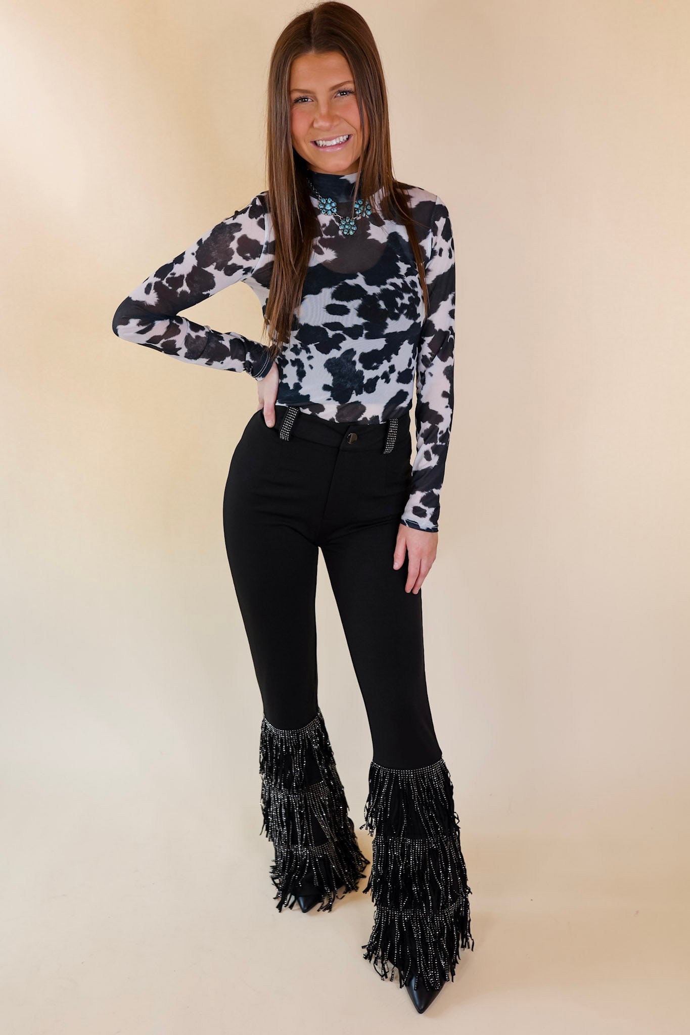 Try Your Luck Cow Print Mesh Long Sleeve Bodysuit in Black - Giddy Up Glamour Boutique