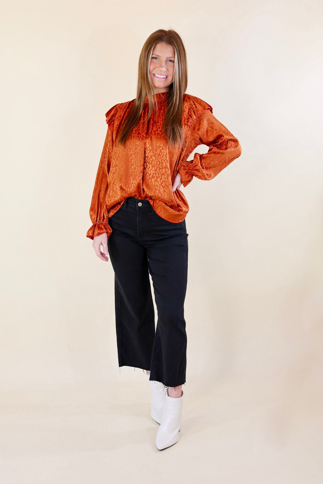 Can't Stop Me Ruffle Mock Neck Long Sleeve Leopard Print Satin Top in Rust Orange - Giddy Up Glamour Boutique