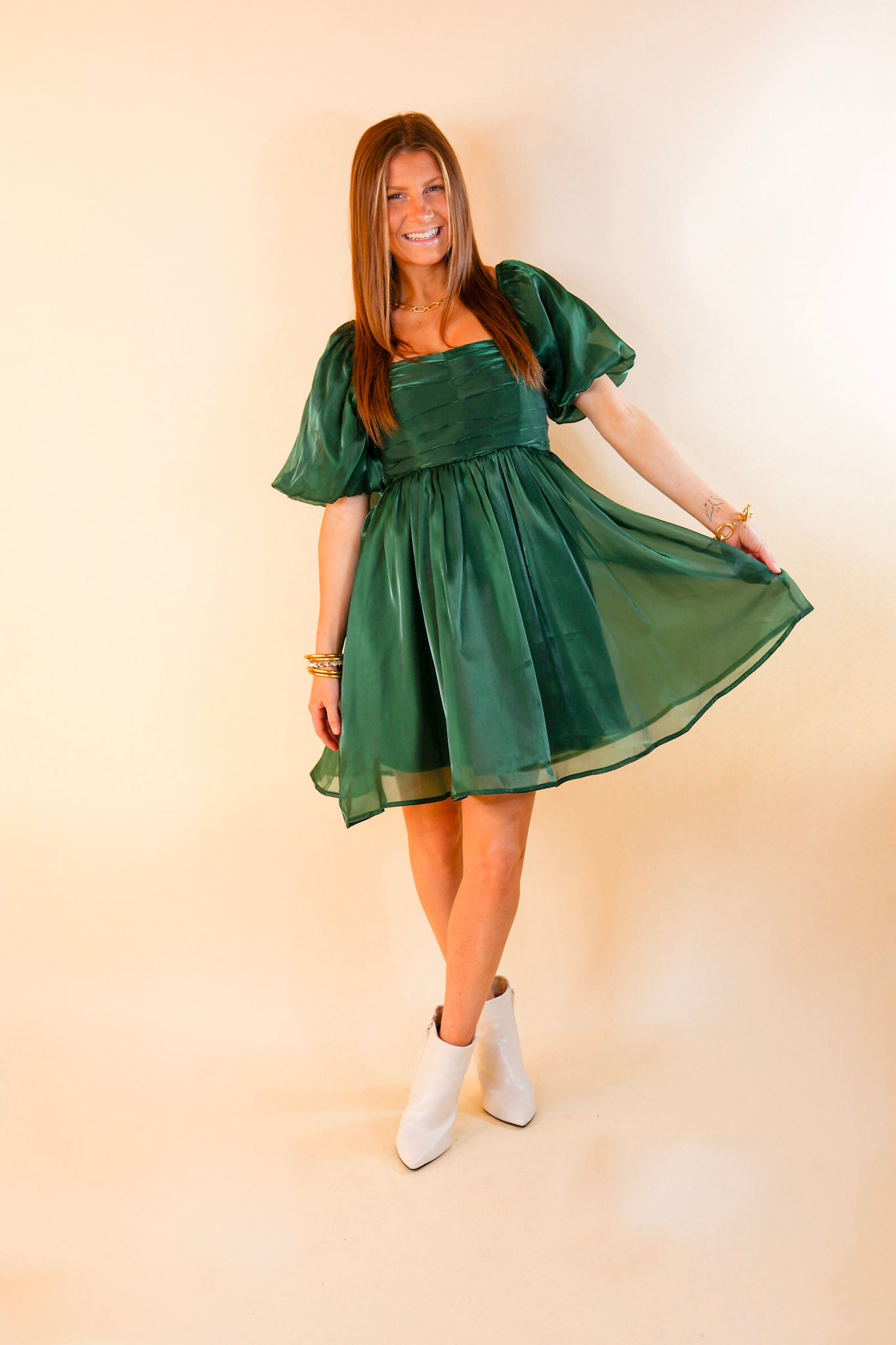 Central Avenue Square Neck Metallic Dress with Short Balloon Sleeves in Emerald Green - Giddy Up Glamour Boutique