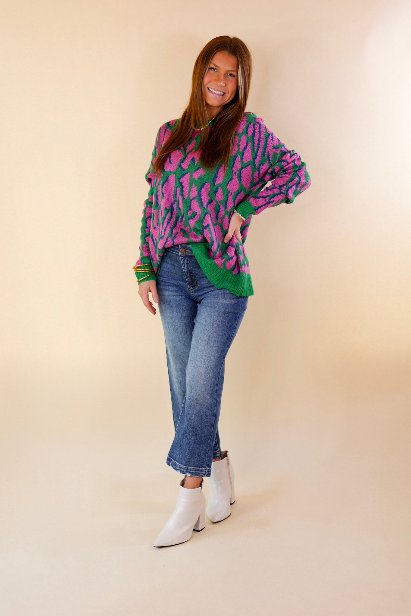 No Hesitation Animal Print Long Sleeve Sweater in Green and Purple - Giddy Up Glamour Boutique