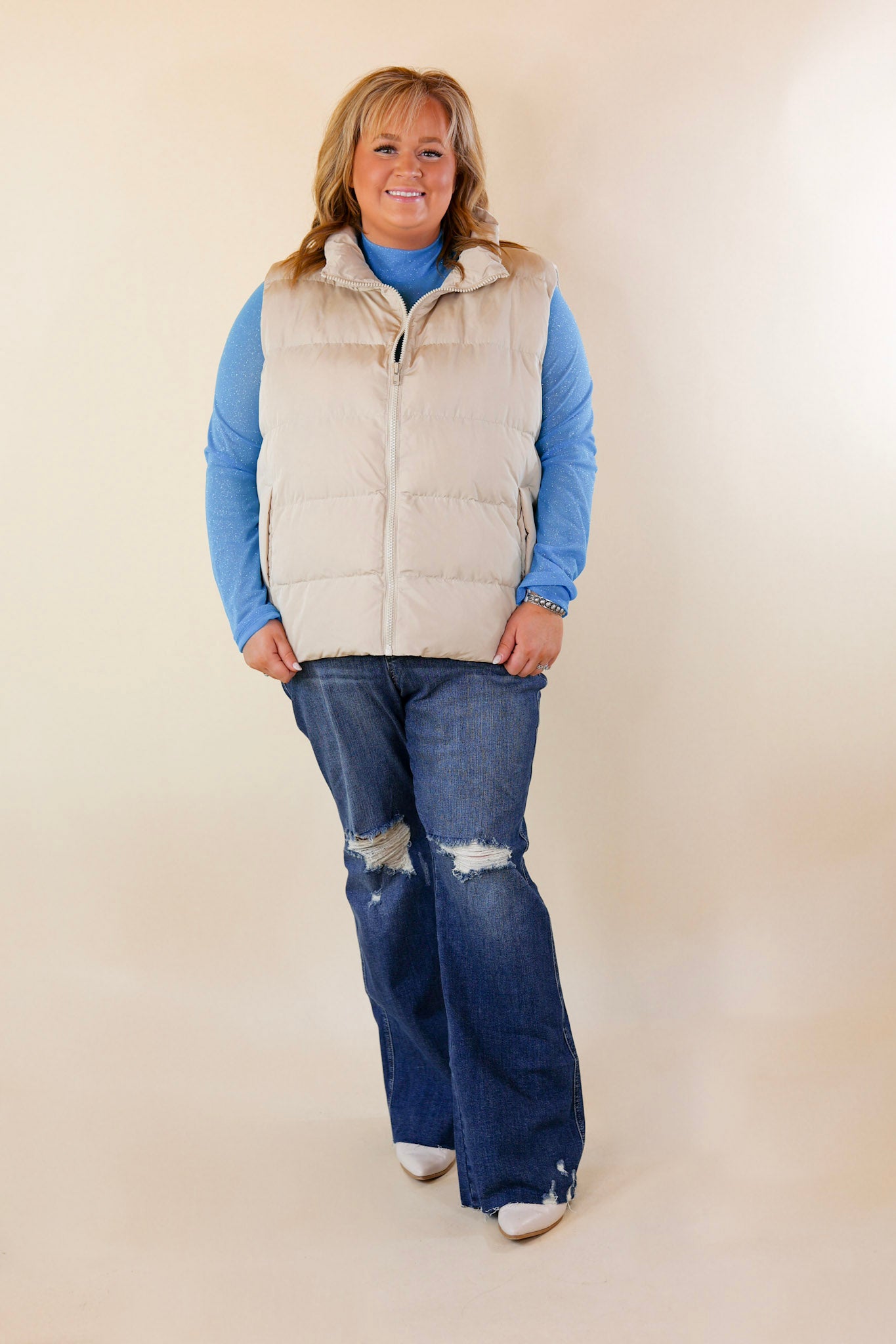 Whispering Pines Puffer Vest in Beige - Giddy Up Glamour Boutique
