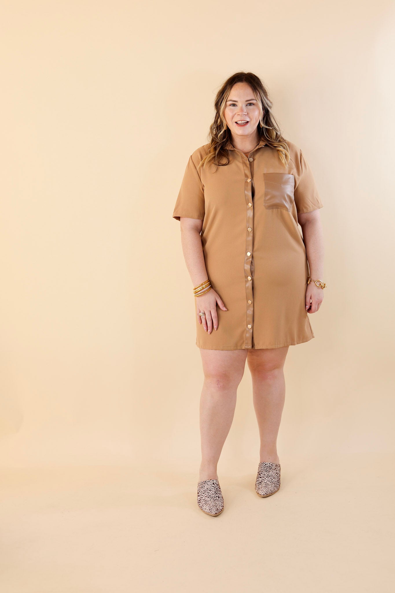 Put Your Records On Button Up Faux Leather Trim Dress in Camel Brown - Giddy Up Glamour Boutique