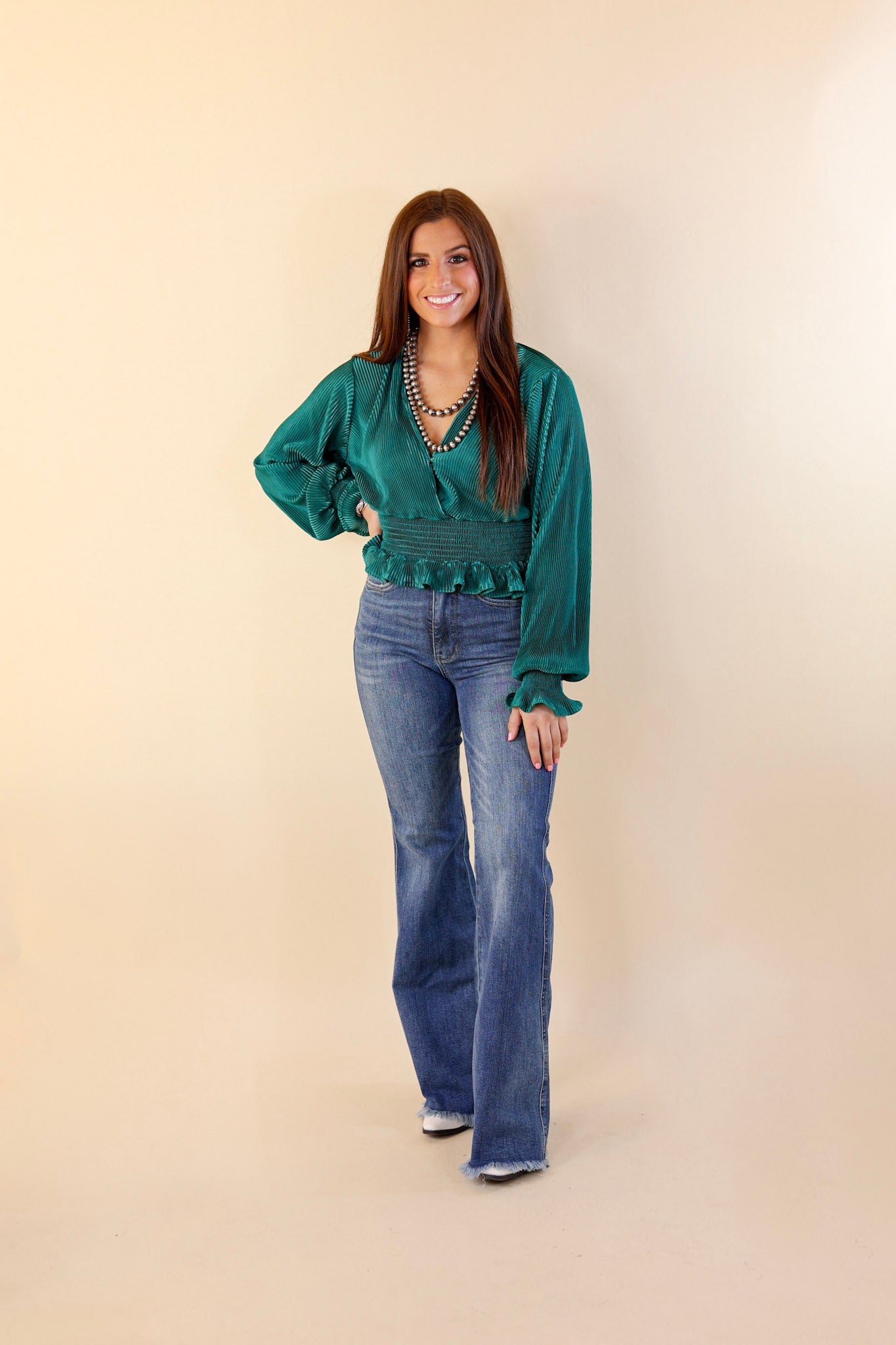Serving Looks Satin Pleated Long Sleeve Crop Top with V Neck in Emerald Green - Giddy Up Glamour Boutique