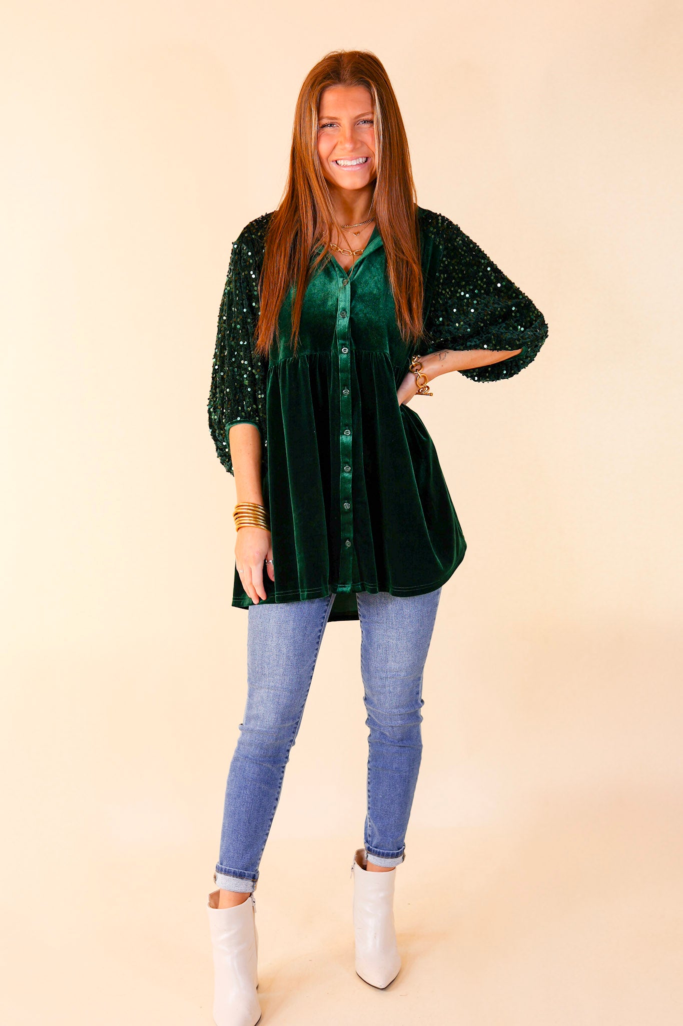 Love Link Button Up Velvet and Sequin Half Sleeve Babydoll Tunic Top in Hunter Green - Giddy Up Glamour Boutique
