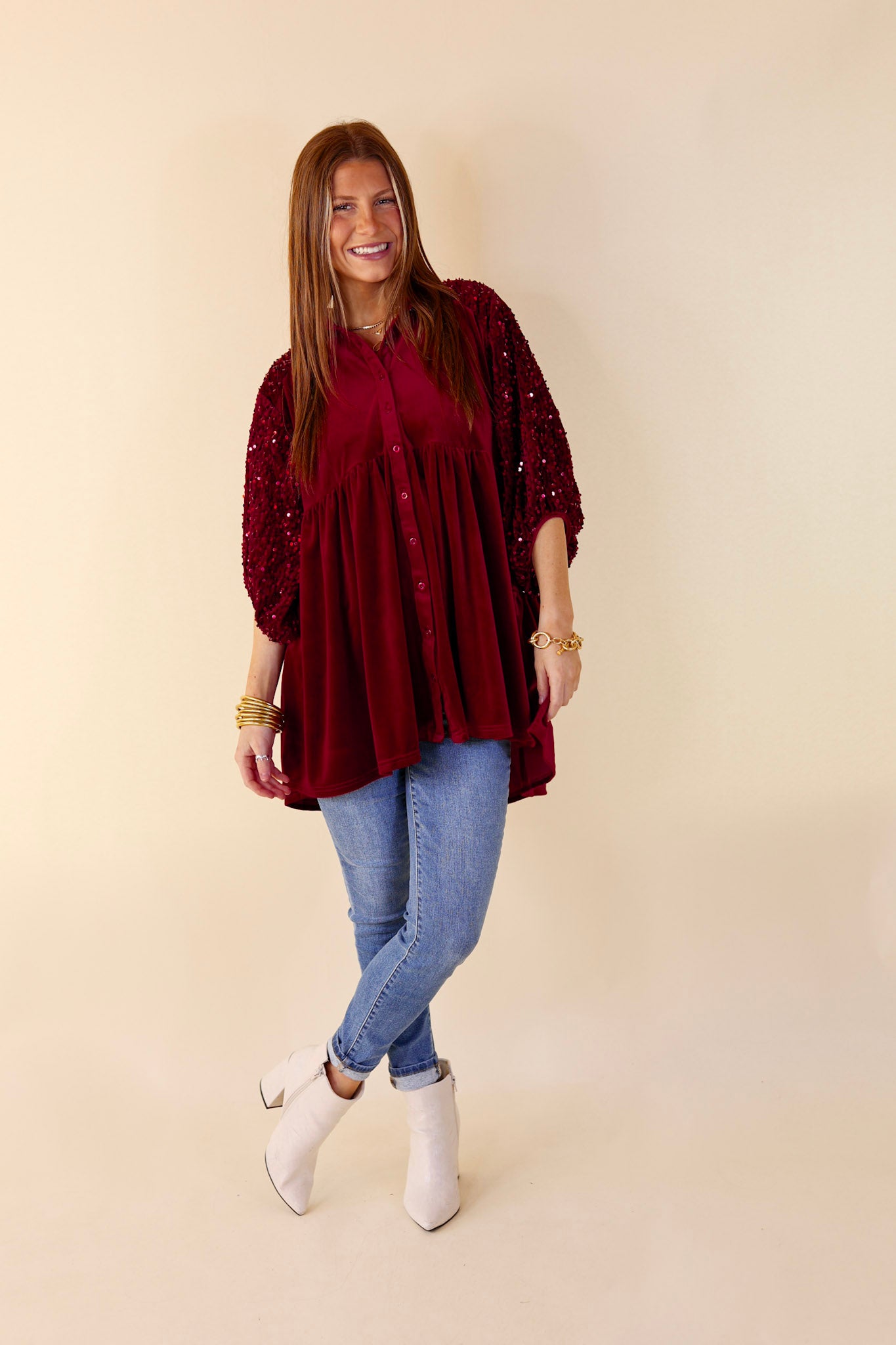 Love Link Button Up Velvet and Sequin Half Sleeve Babydoll Tunic Top in Wine Red - Giddy Up Glamour Boutique