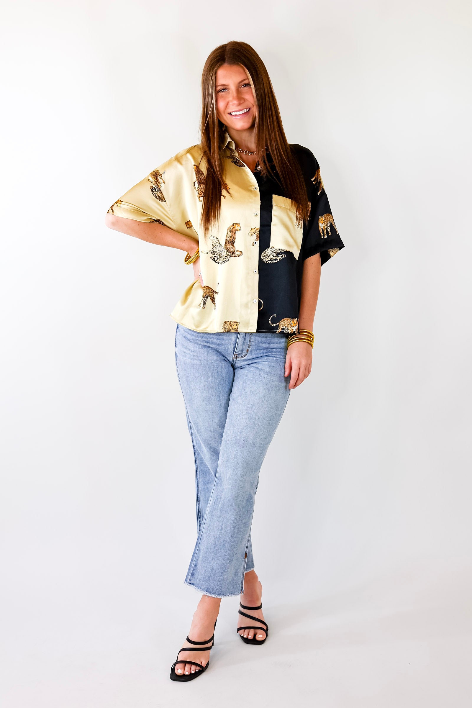 All Eyes On Me Button Up Cheetah Print Blouse in Black and Gold - Giddy Up Glamour Boutique