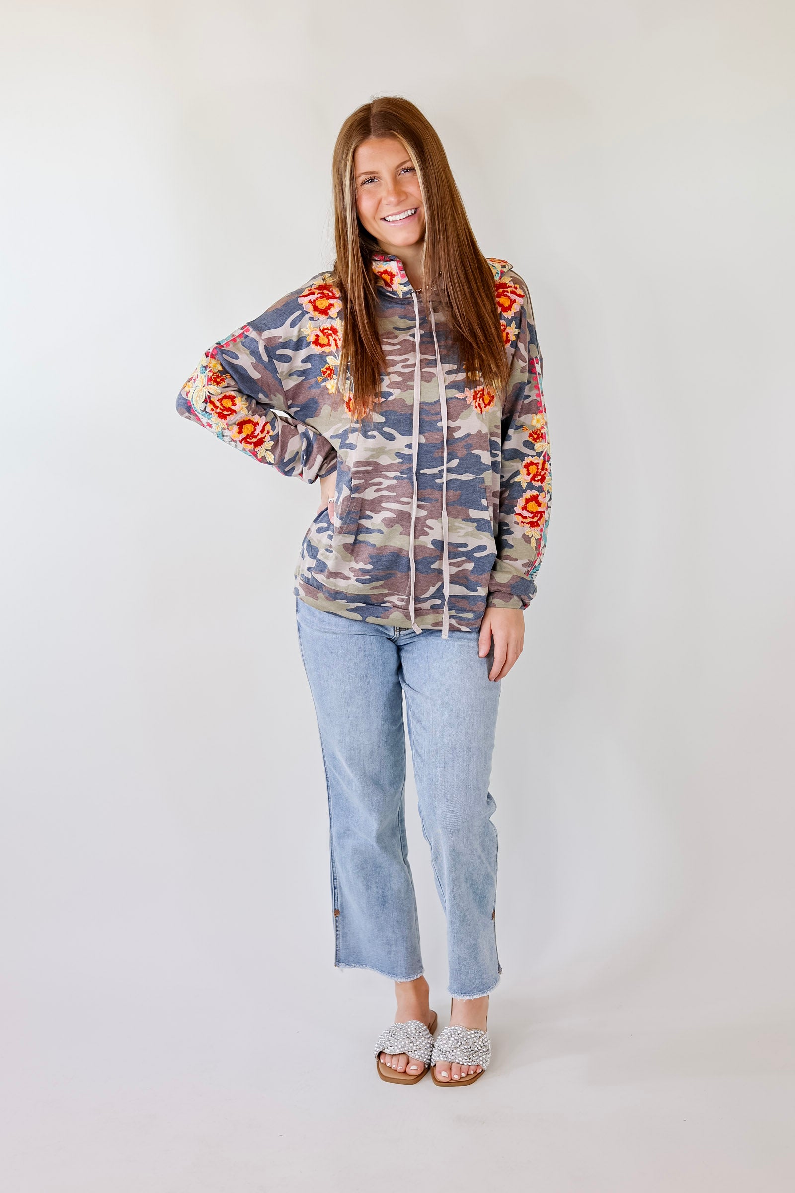 Grace and Bliss Embroidered Pullover Hoodie with Black Velvet Back in Camouflage - Giddy Up Glamour Boutique