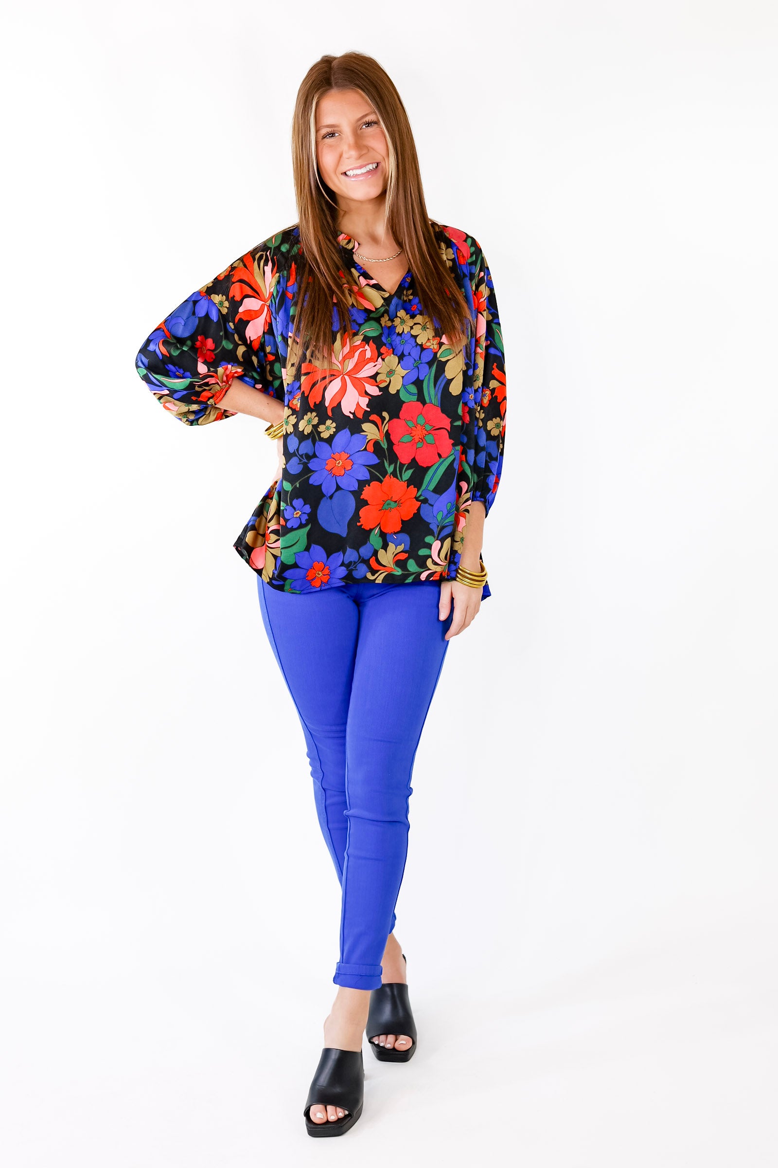 Falling For Floral 3/4 Sleeve Top with Notched Neck in Black - Giddy Up Glamour Boutique