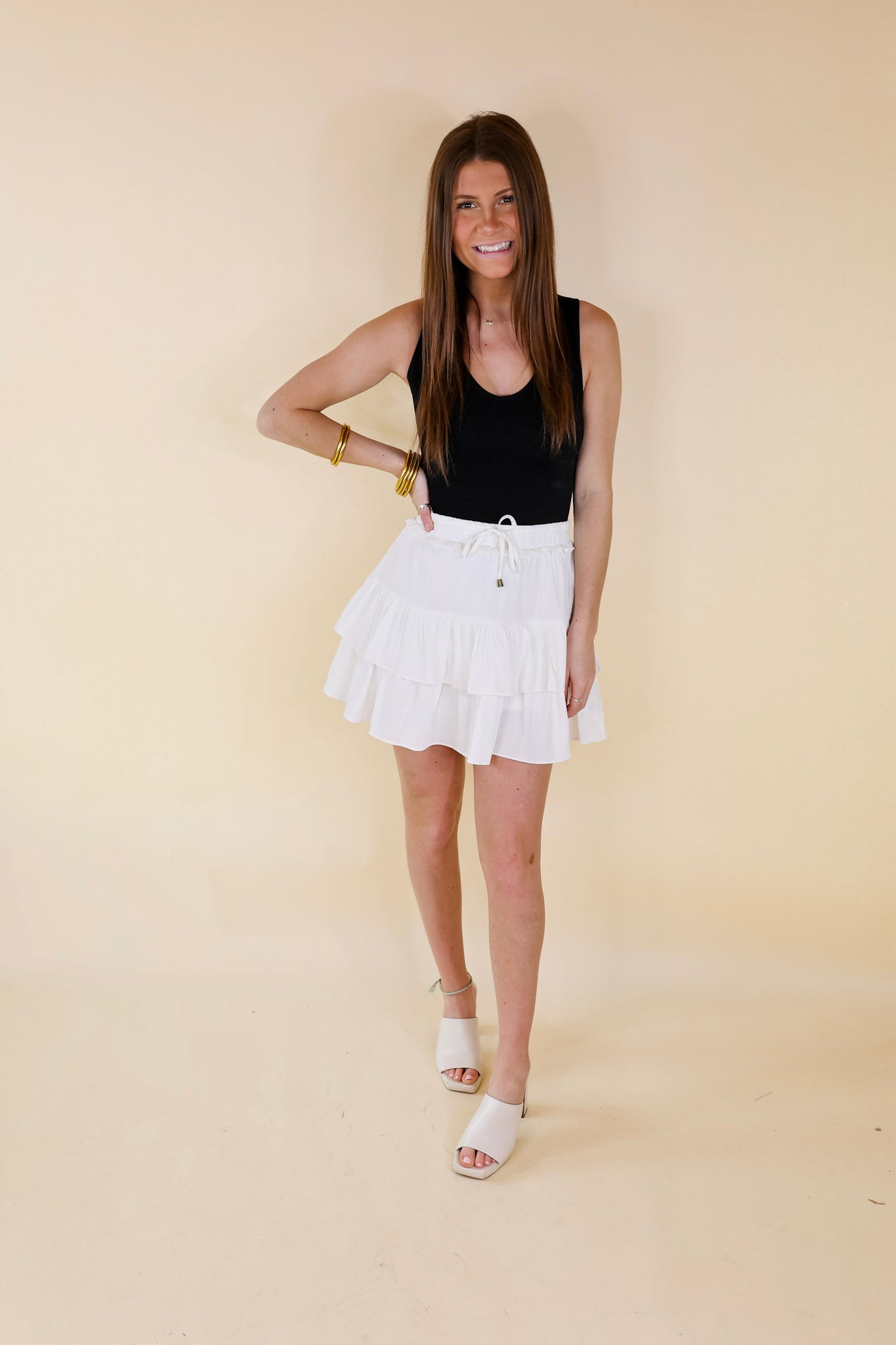 Vibrant Vibes Tiered Skort with Drawstring Waist in Off White - Giddy Up Glamour Boutique