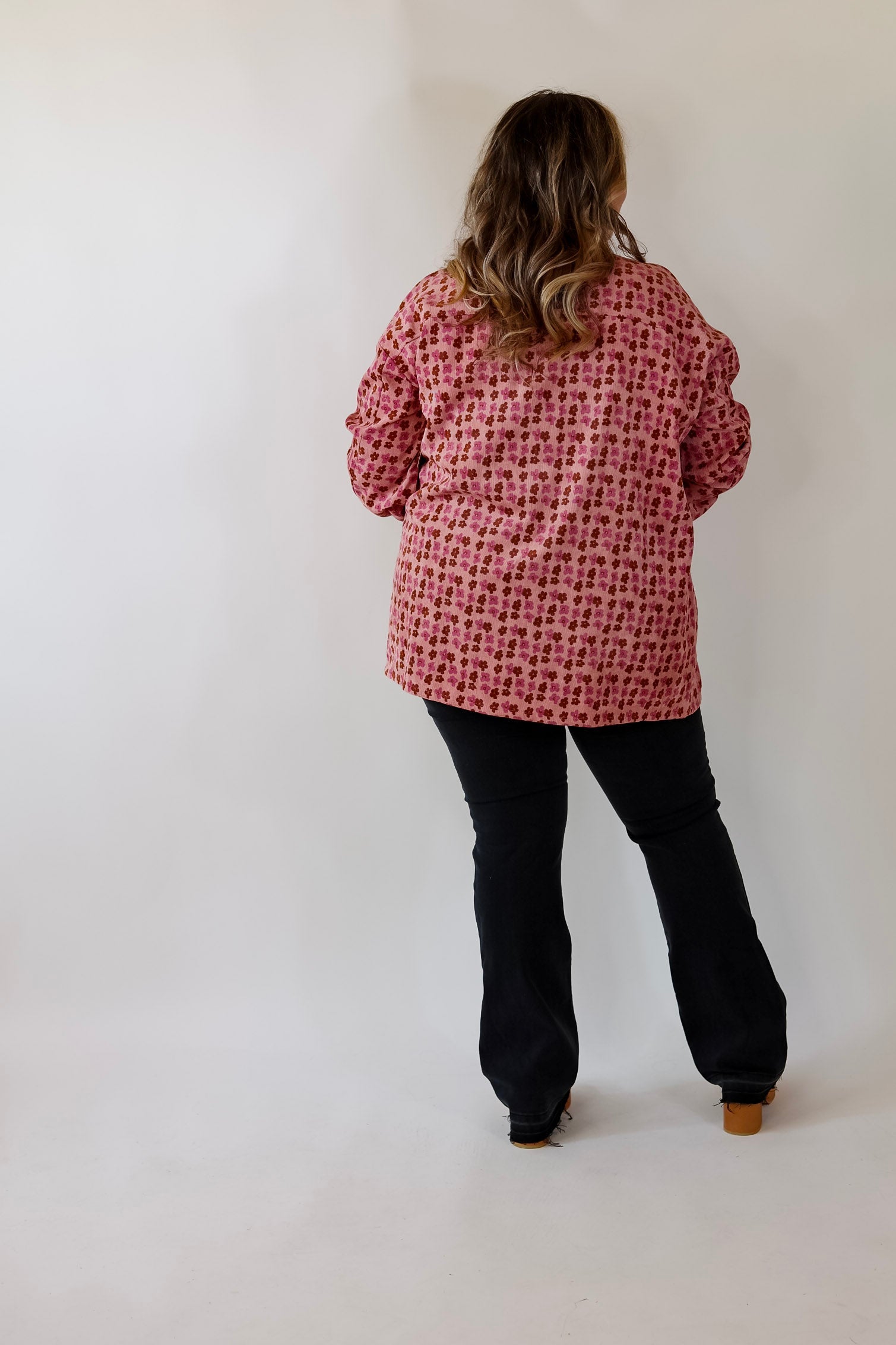Autumn Brunch Floral Print Corduroy Shacket in Dusty Pink - Giddy Up Glamour Boutique