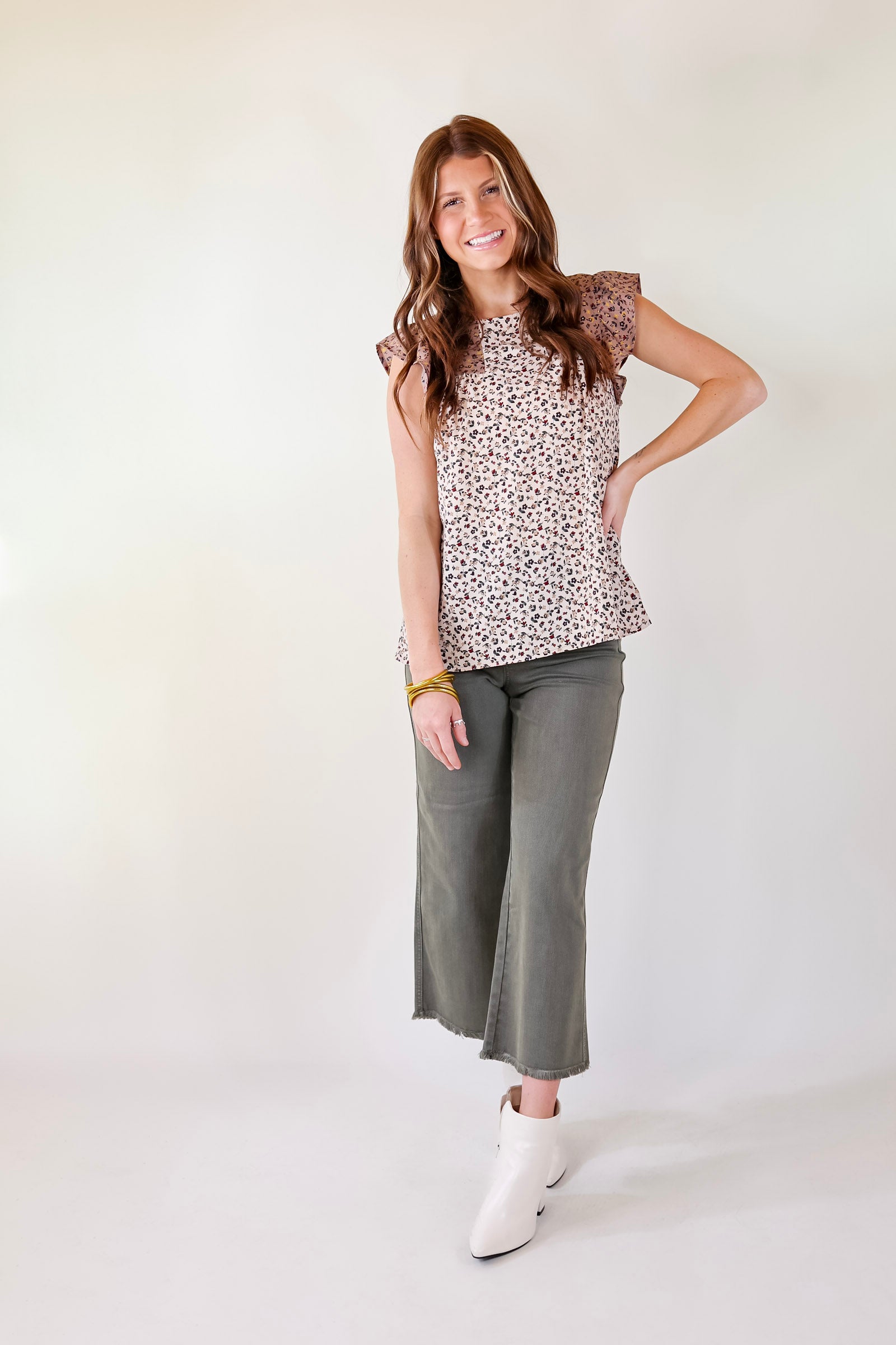 Stick Around Floral Print Top with Ruffle Cap Sleeves in Beige Mix - Giddy Up Glamour Boutique