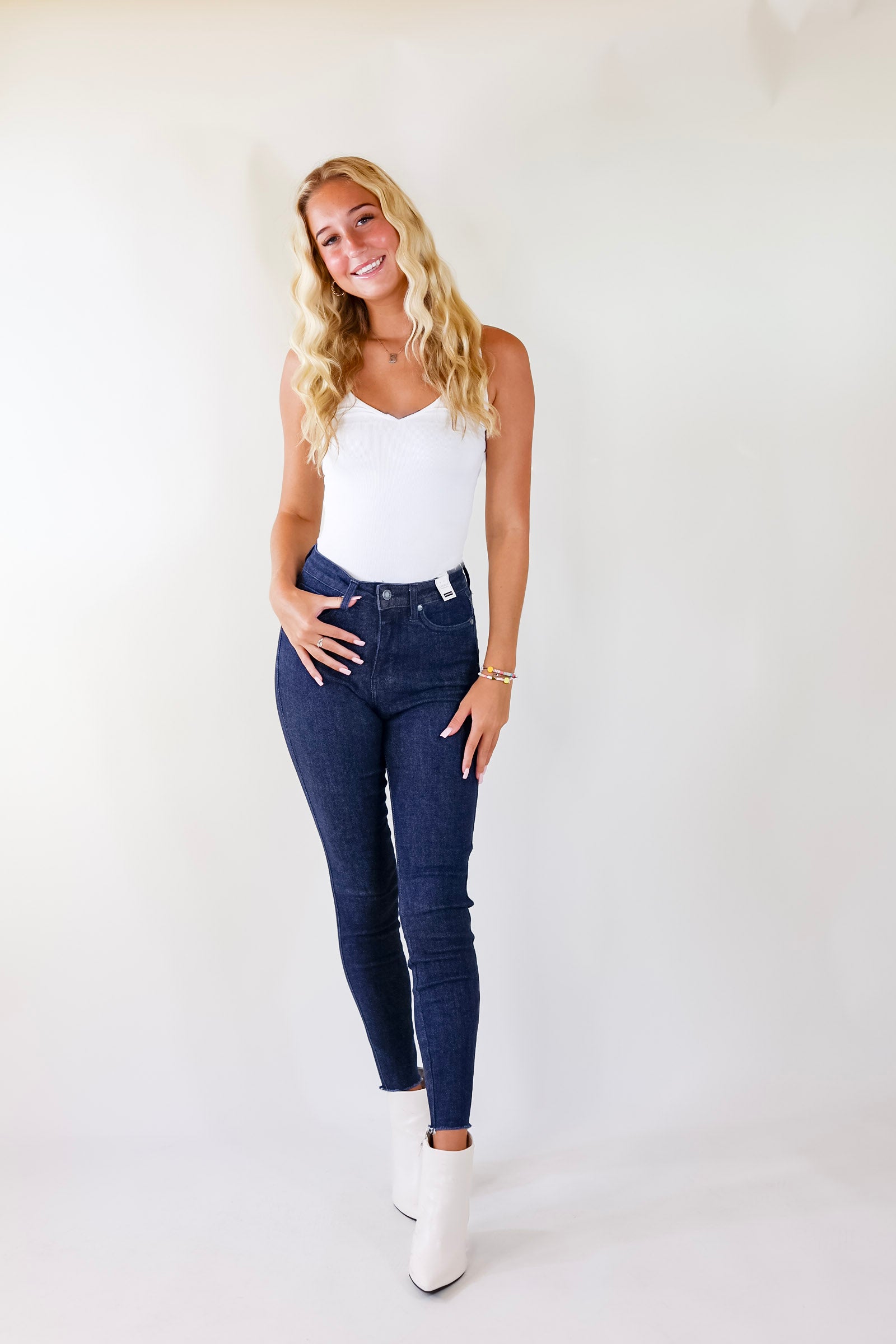 Judy Blue | Can't Pass This Tummy Control Raw Hem Skinny Jeans in Medium Wash - Giddy Up Glamour Boutique