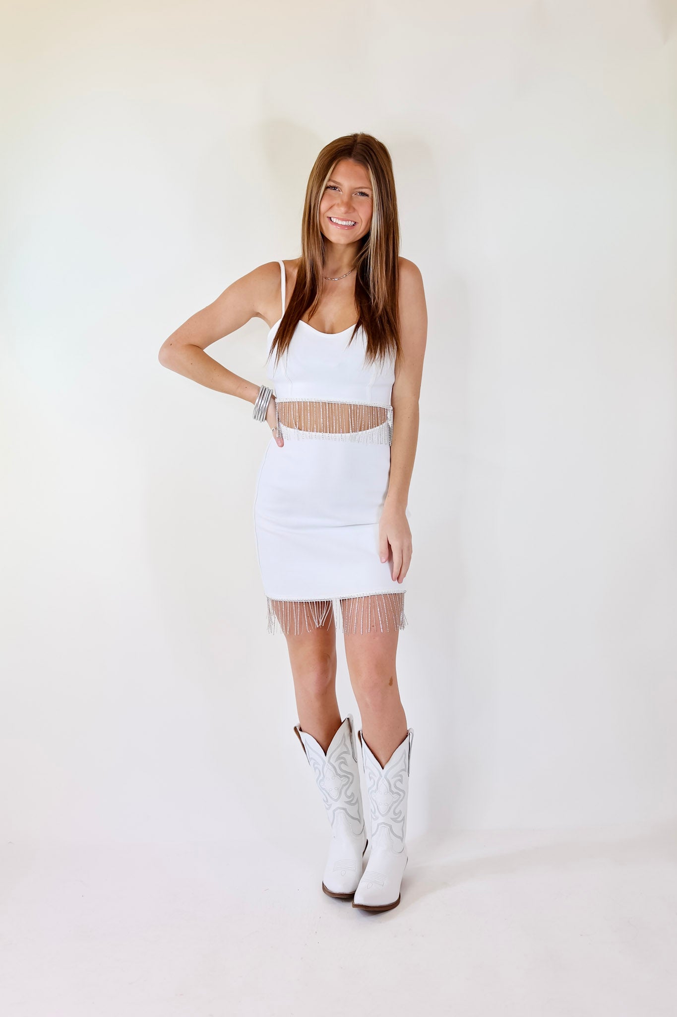 On The List Crop Top with Crystal Fringe Trim in White - Giddy Up Glamour Boutique