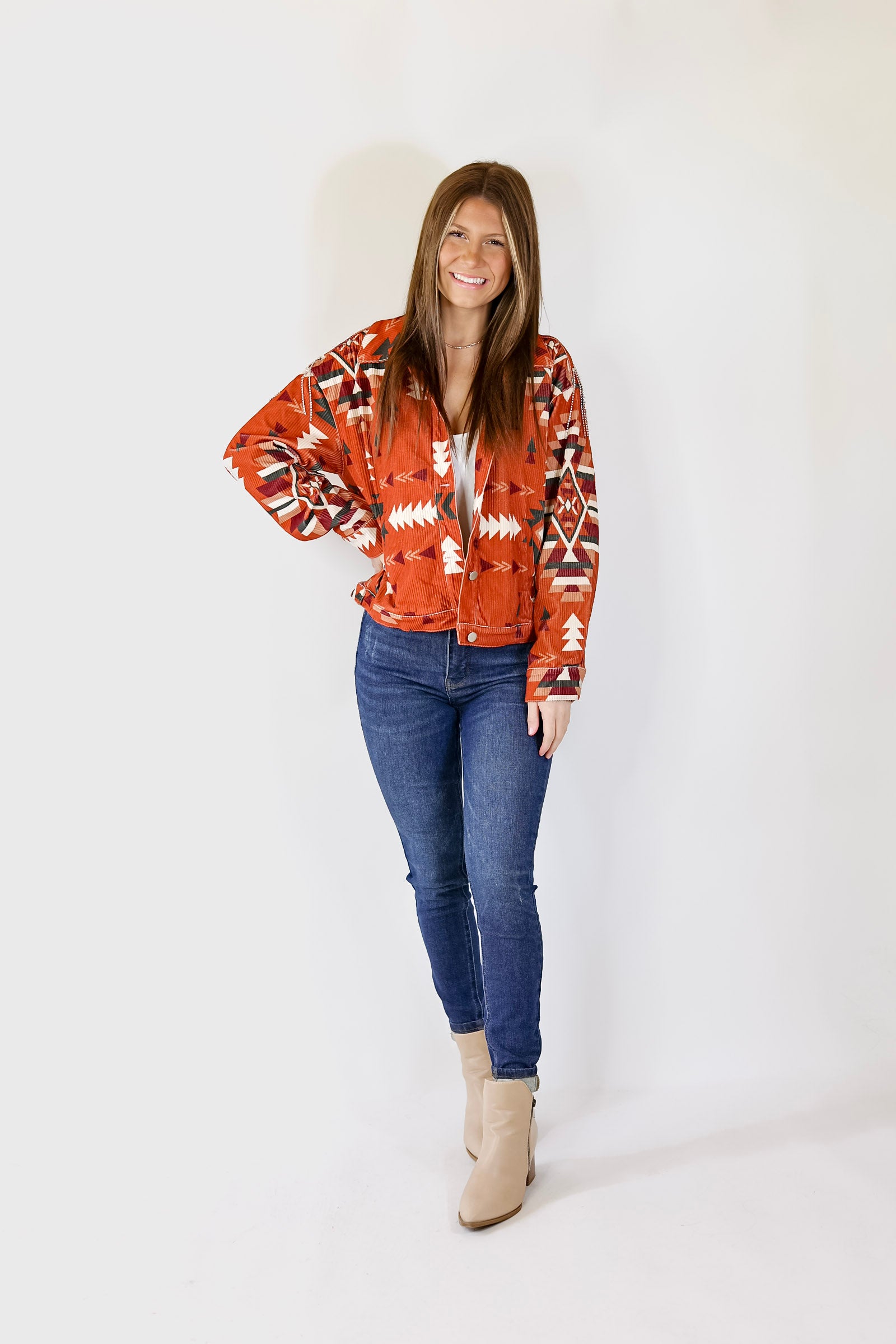 Signature Moves Aztec Print Jacket with Crystal Fringe in Rust Orange - Giddy Up Glamour Boutique