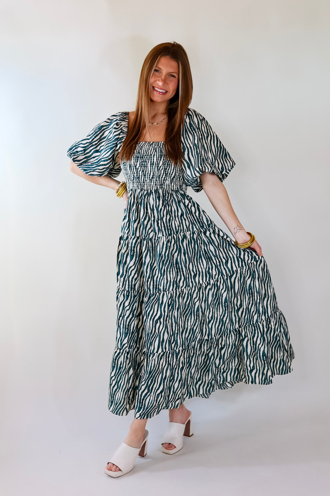 Santorini Sunshine Short Balloon Sleeve Zebra Print Maxi Dress in Teal Blue - Giddy Up Glamour Boutique