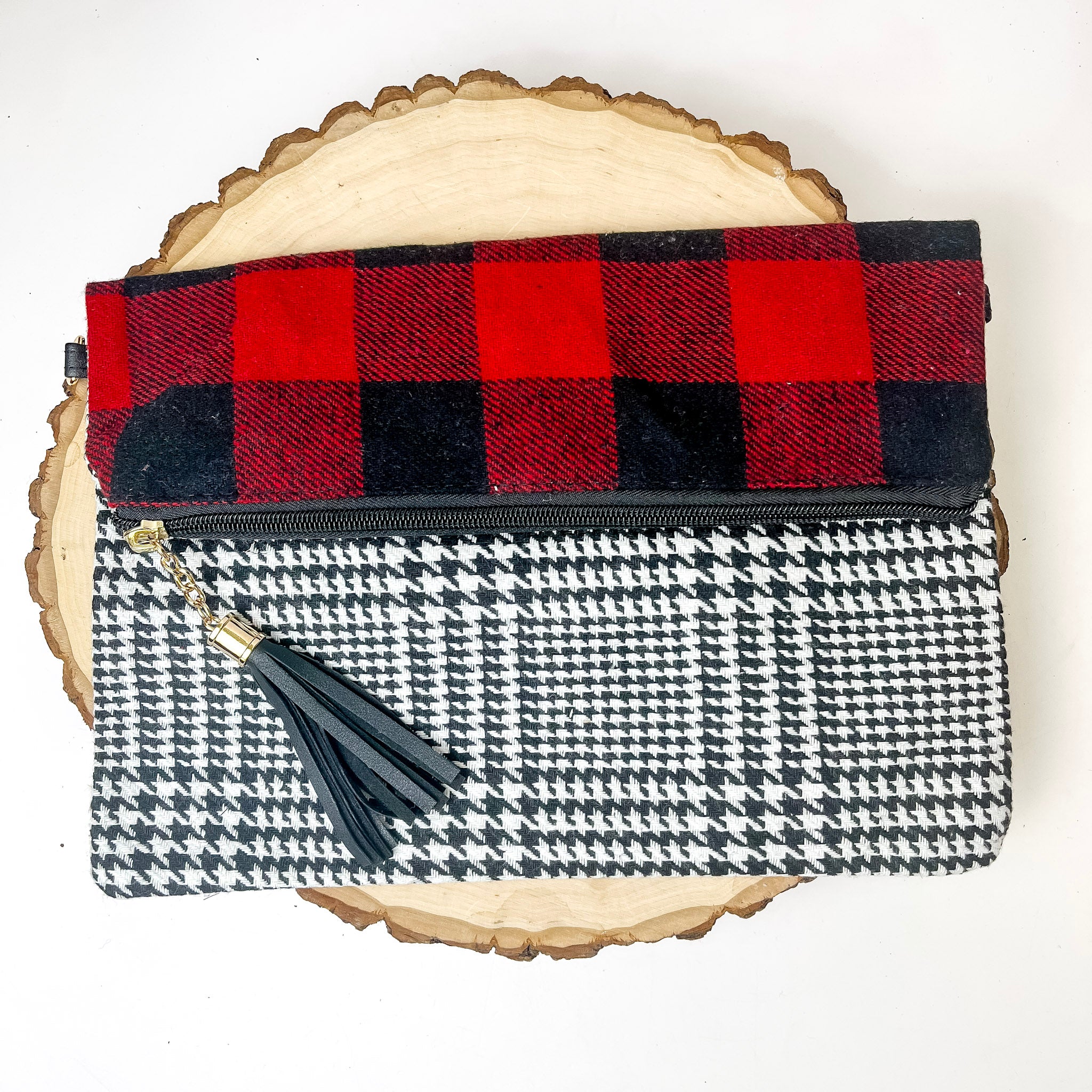 Houndstooth and Plaid Folding Zipper Pouch in Red, Black, and White - Giddy Up Glamour Boutique