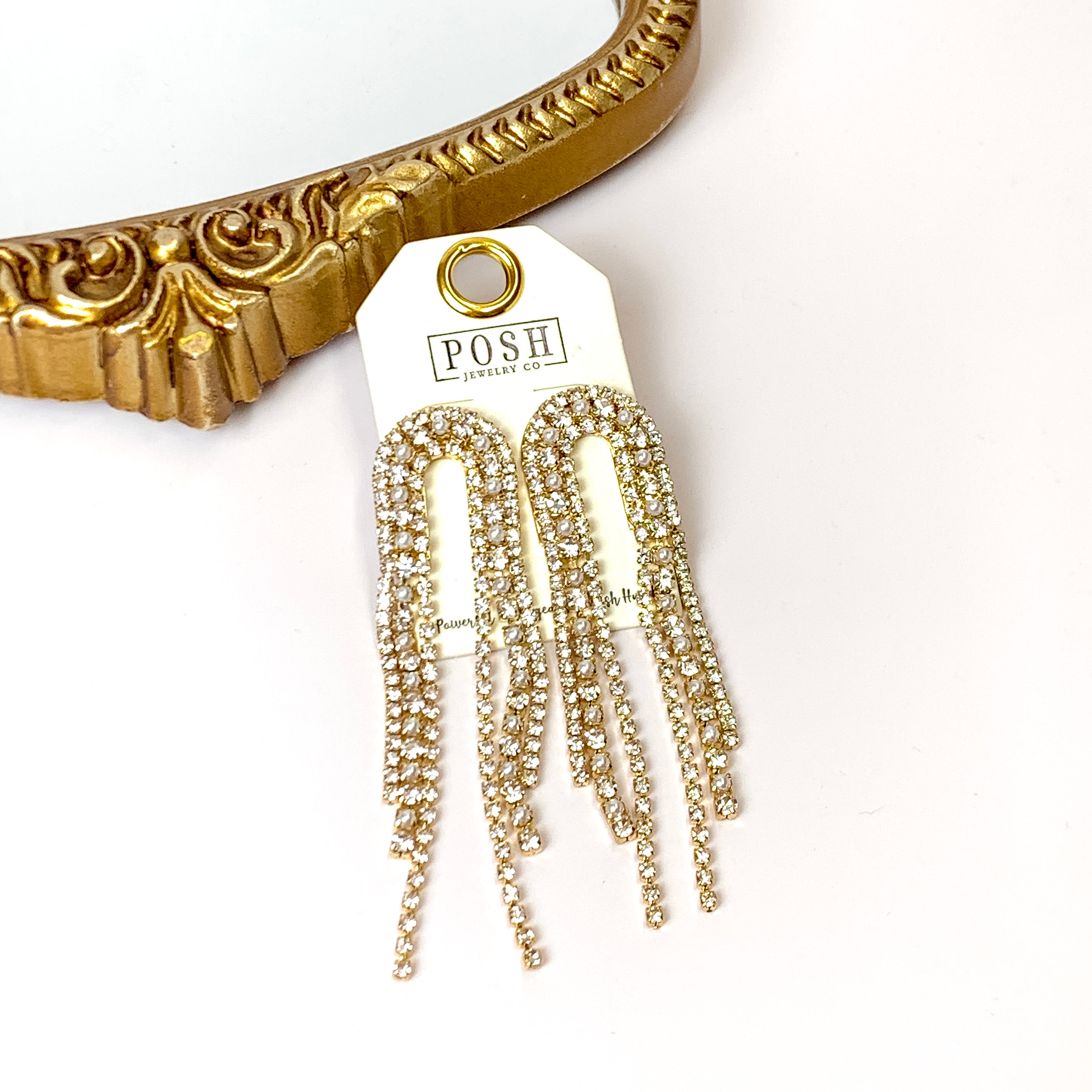 Posh By Pink Panache | Arched Fringe Earrings with Pearl Accents in Gold Tone - Giddy Up Glamour Boutique