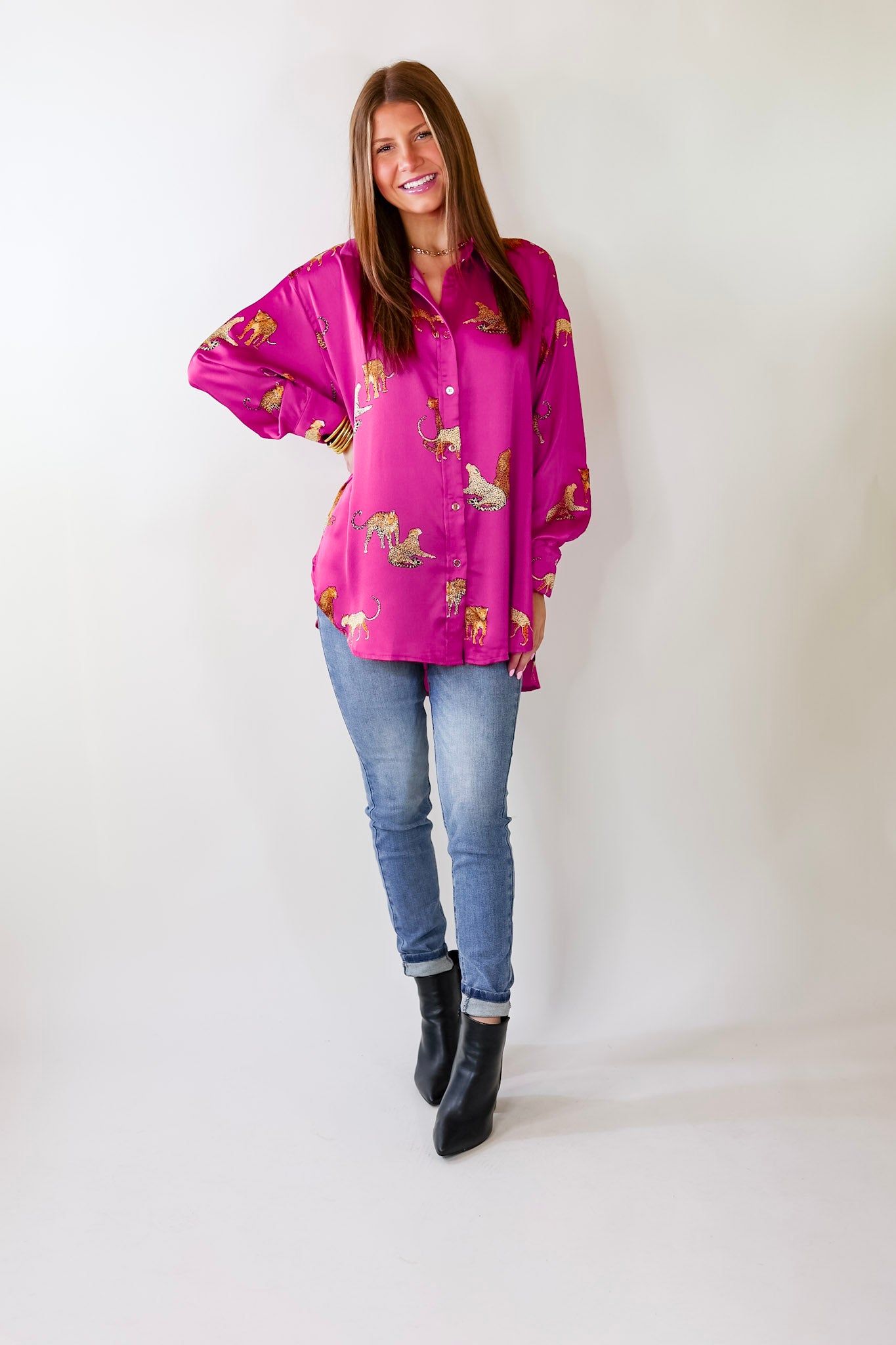 Tell Me Something Good Cheetah Print Long Sleeve Button Up Top in Magenta Pink - Giddy Up Glamour Boutique