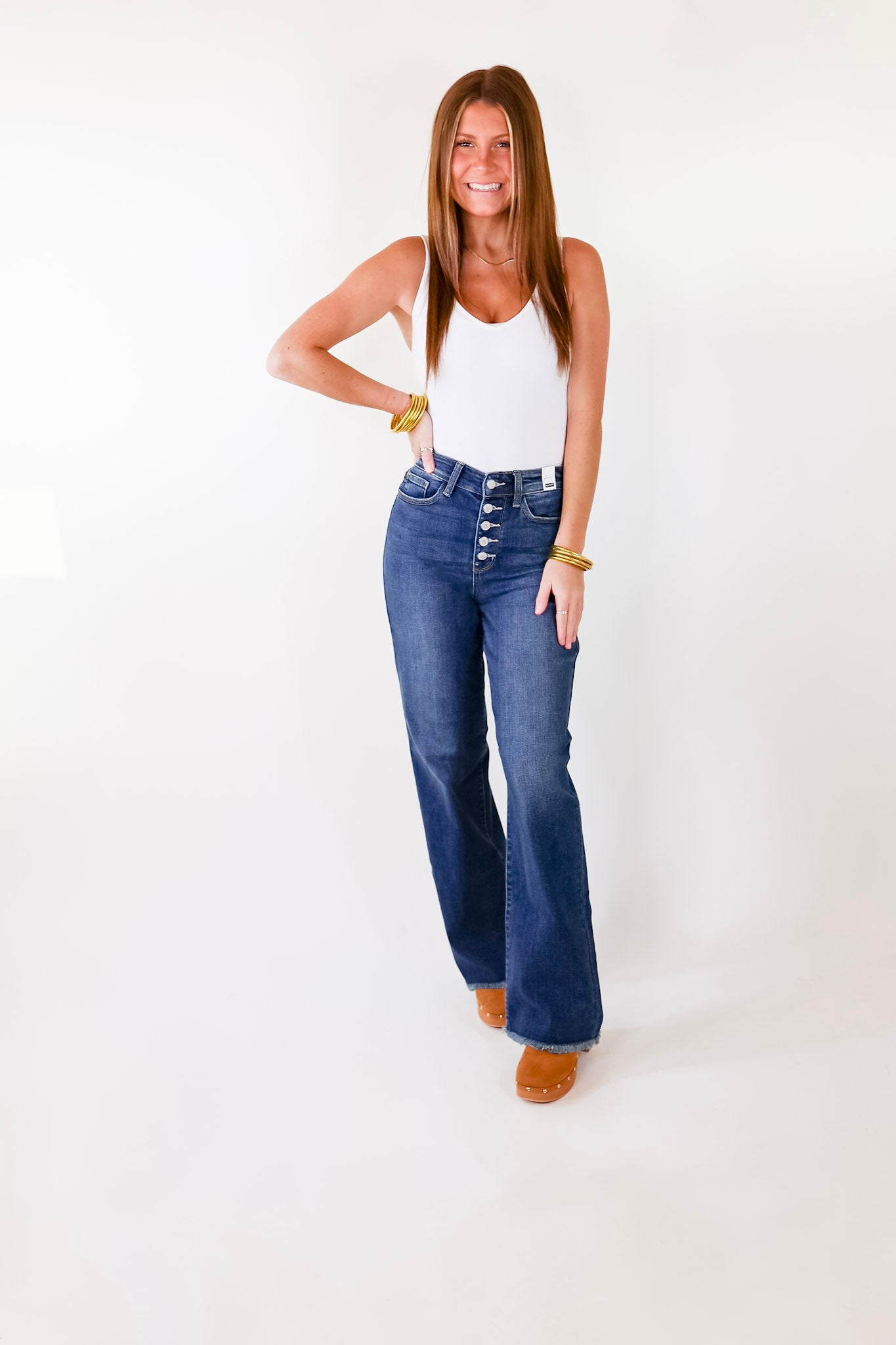 Judy Blue | Set The Spark Button Fly Wide Leg Jeans in Dark Wash - Giddy Up Glamour Boutique