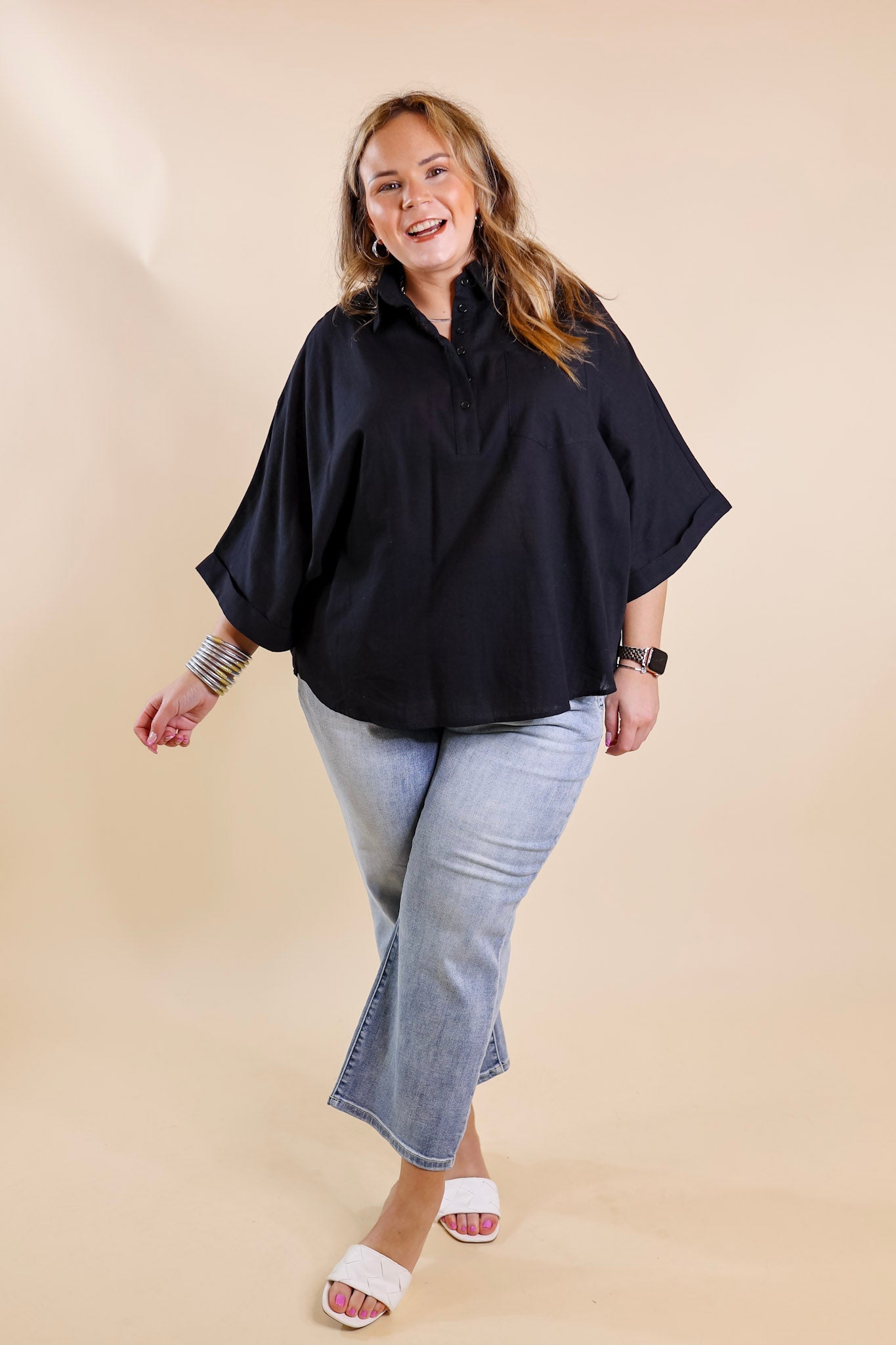 Sweet Surprise Half Button Up Poncho Top with Collared Neckline in Black - Giddy Up Glamour Boutique