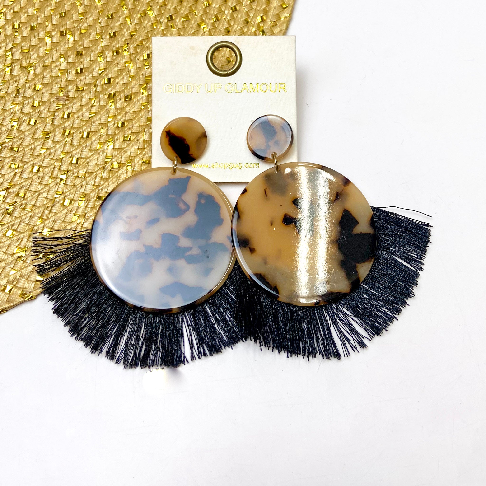 Round Tortoise Shell Print Statement Earrings with Fringe Trim in Black