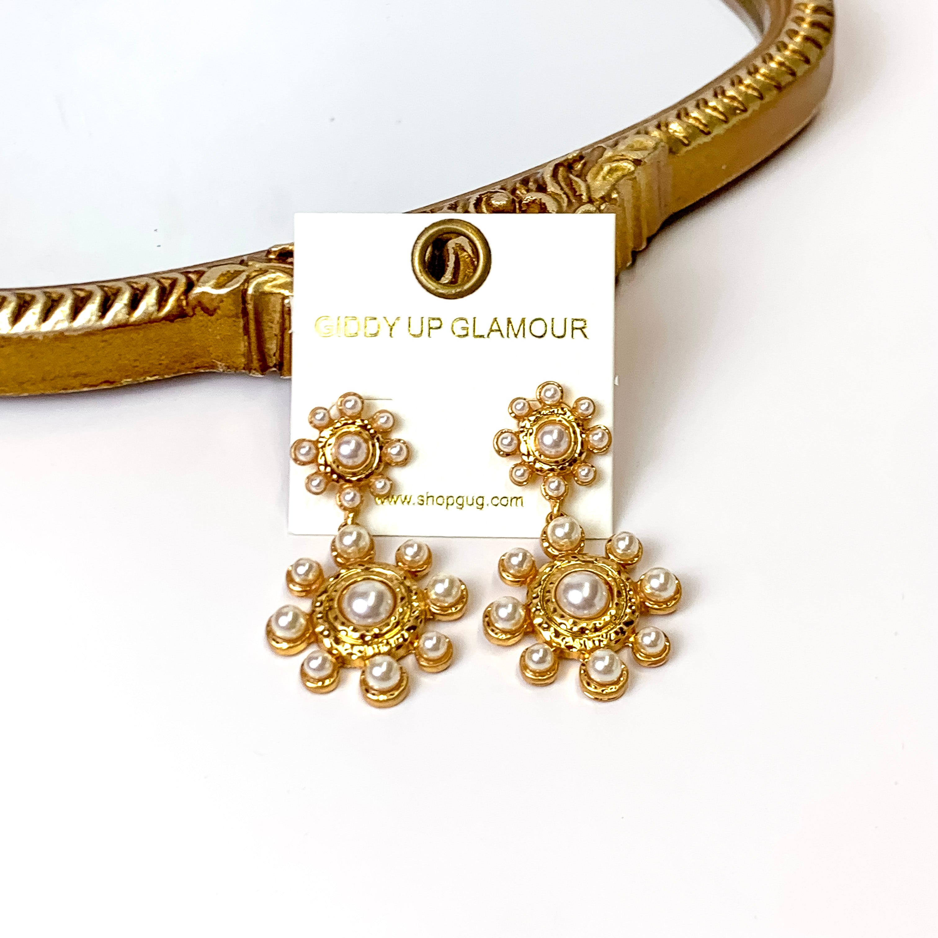 Gold Tone Pearl Flower Drop Earrings - Giddy Up Glamour Boutique