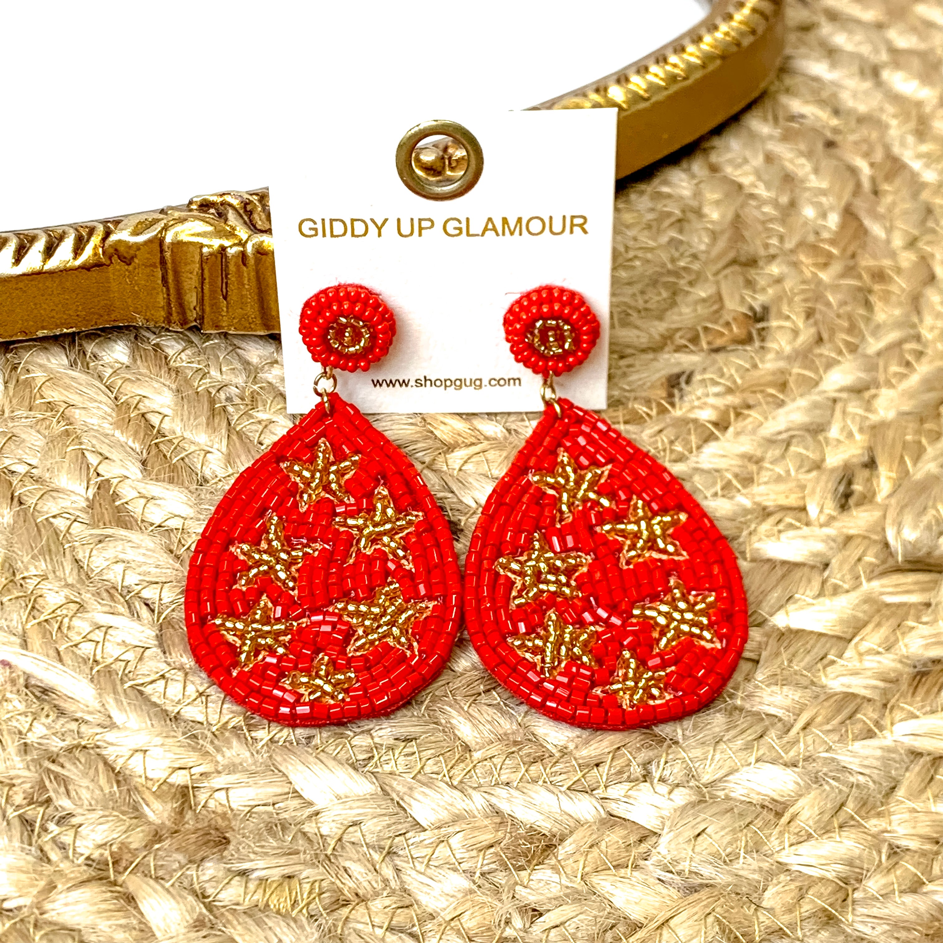 Beaded Teardrop Dangle Earrings with Stars in Red and Gold - Giddy Up Glamour Boutique