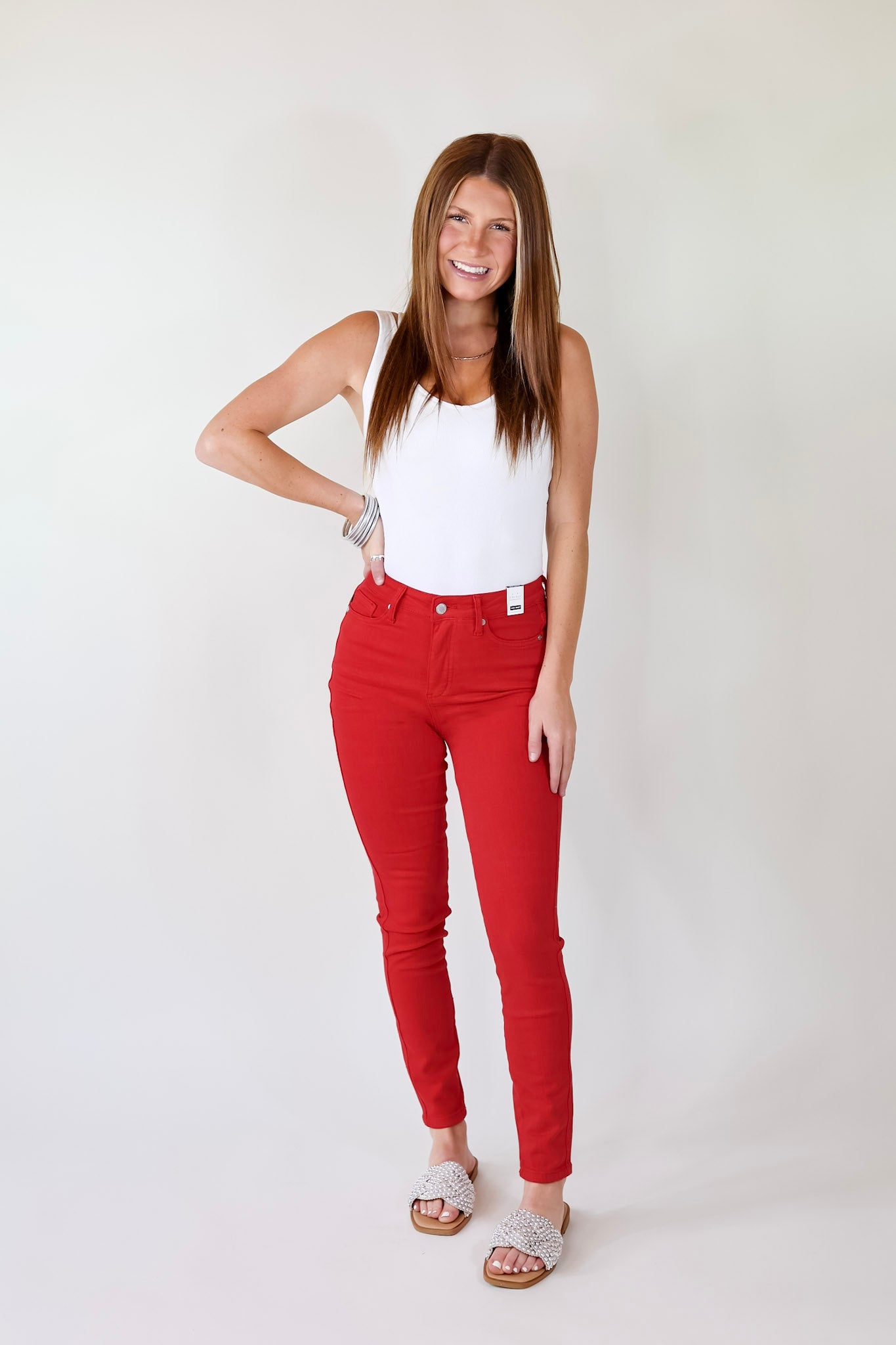 Judy Blue | Vibrant Smiles Control Top Skinny Jeans in Red - Giddy Up Glamour Boutique