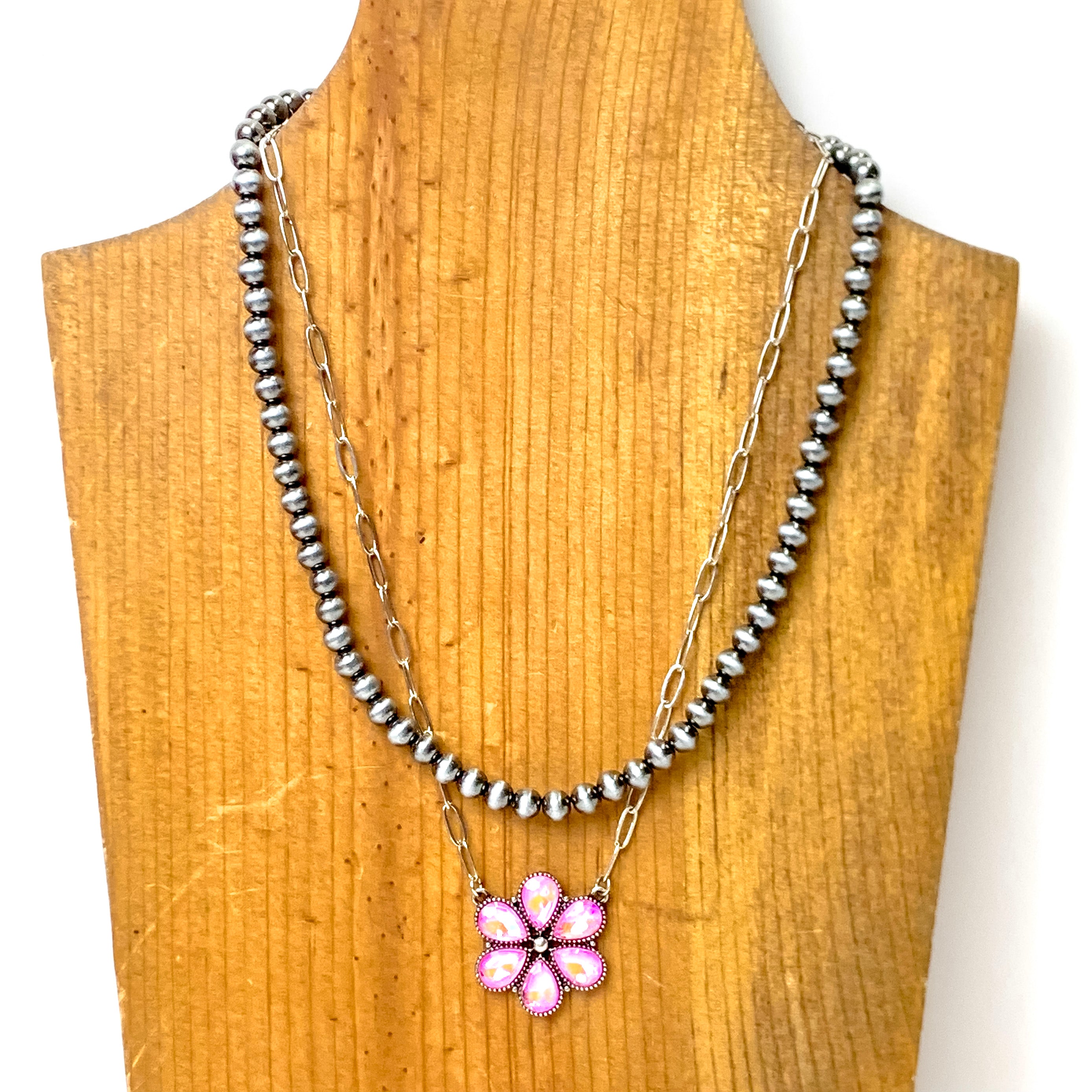Prairie Petals Faux Navajo Pearl and Chain Necklace in Pink and Silver Tone - Giddy Up Glamour Boutique