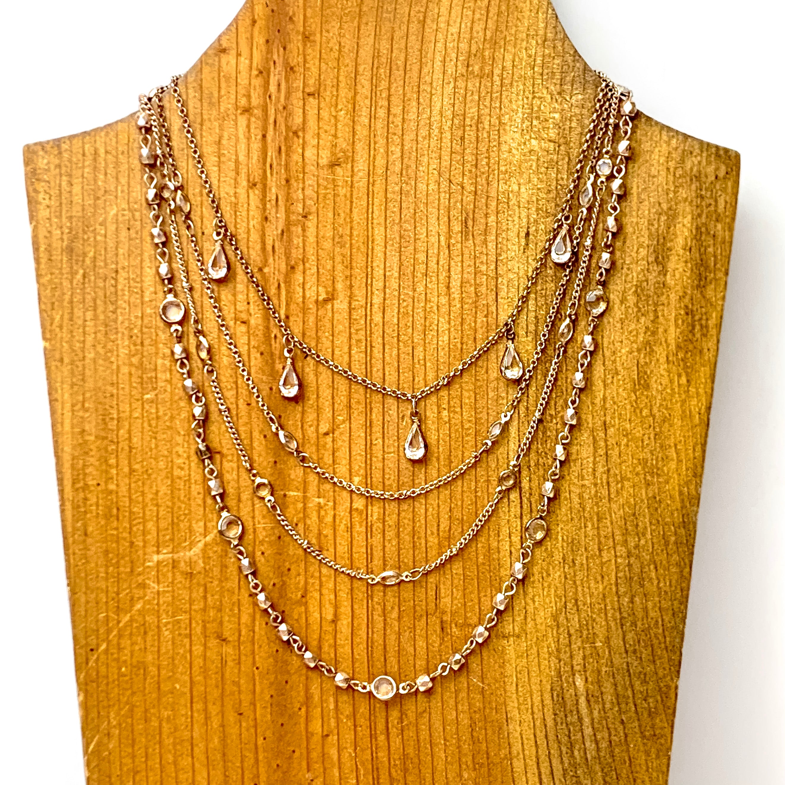 Multi Strand Rose Gold Tone Chain Necklace with Clear Crystal Accents - Giddy Up Glamour Boutique